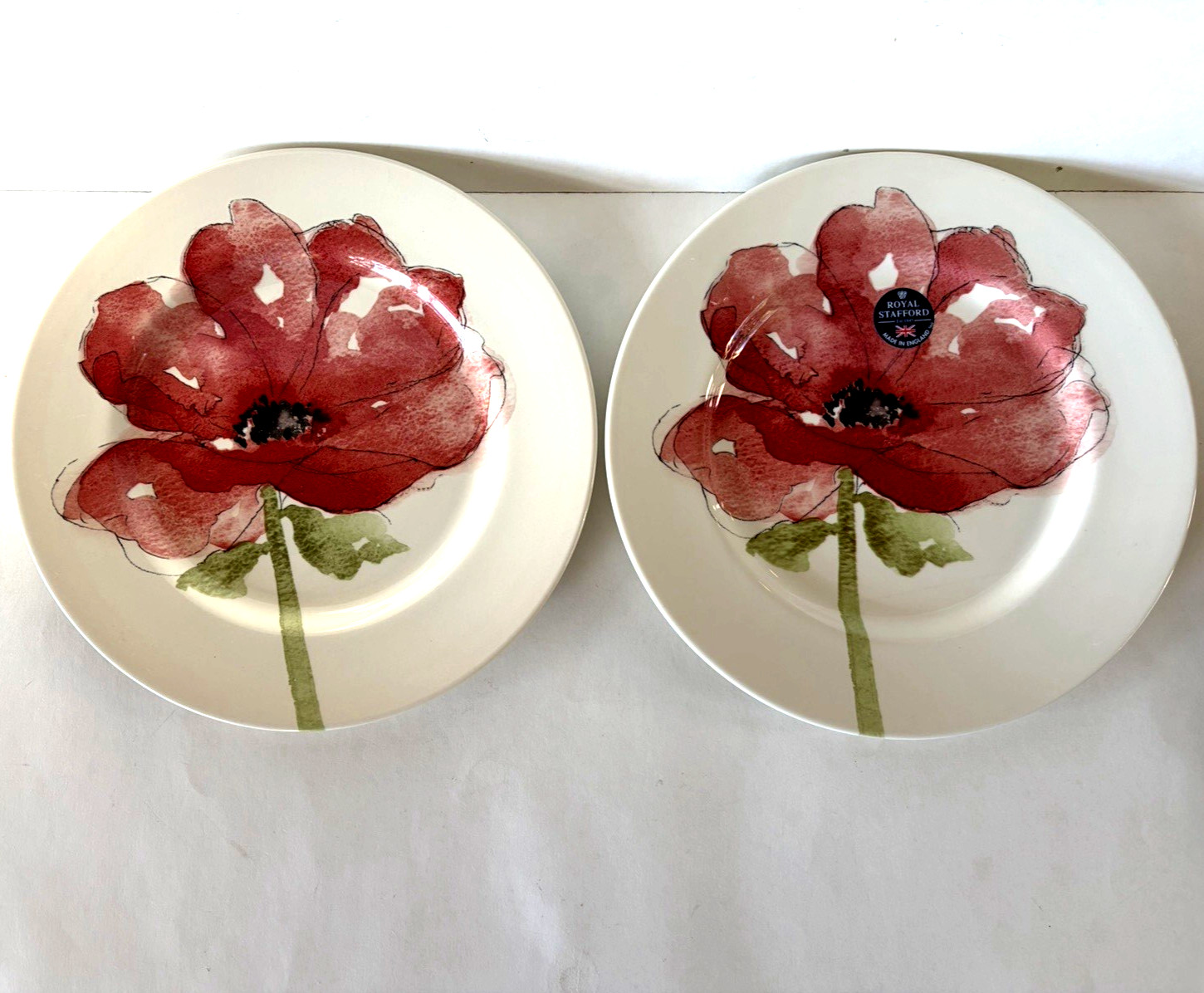 2 RED POPPY Dinner Plates Royal Stafford 11” Mint
