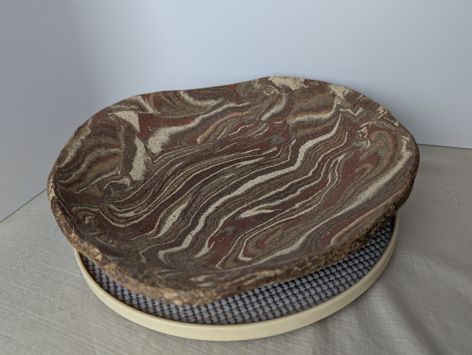 Jane Parshall Studio Art Pottery Platter – Marbled Inlaid Clay – W/ 1988 Receipt