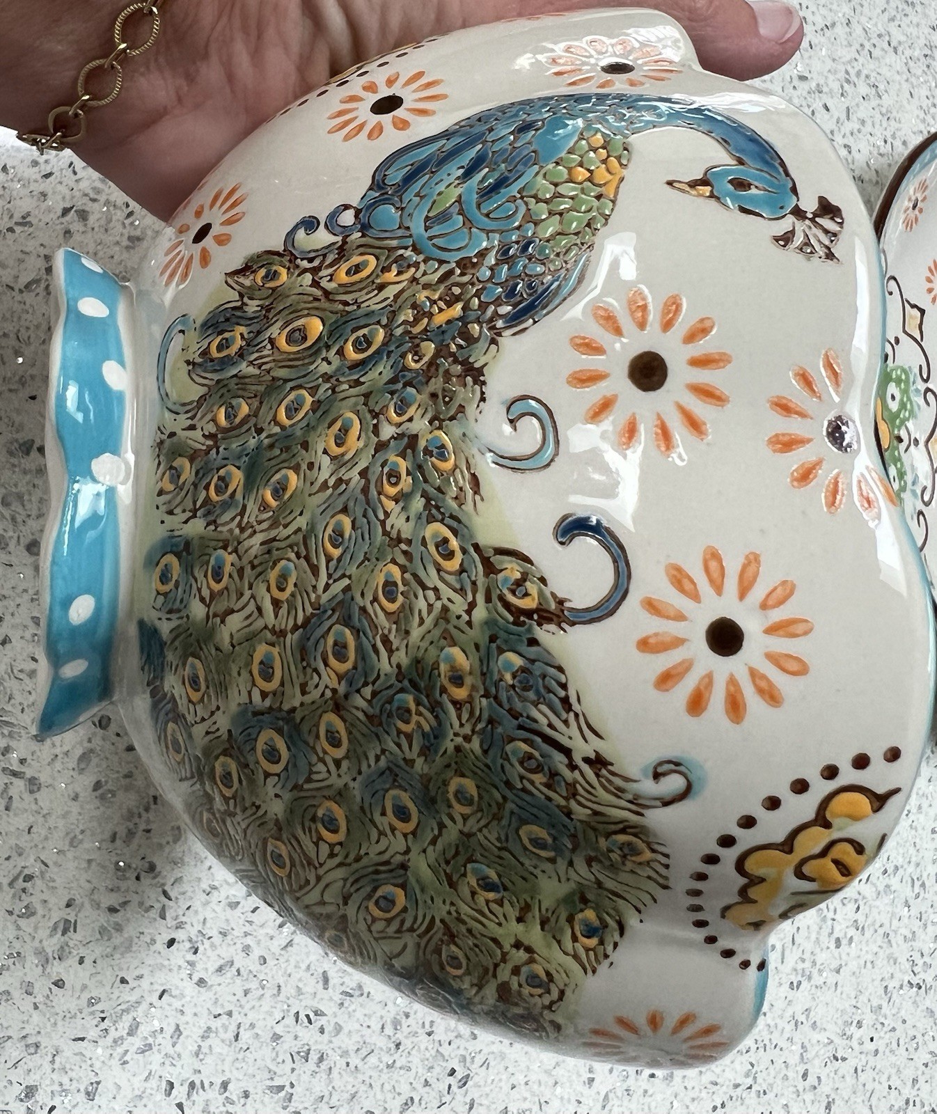 Artistic Accents Peacock Ceramic Oval Platter w/ Scalloped Bowl