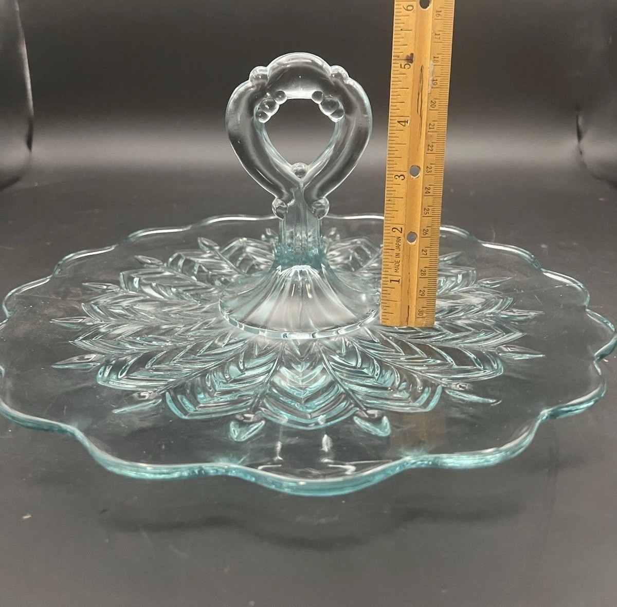 Jeanette Serving Tidbit Tray Glass Feather Light Blue Keyhole Handle Vintage