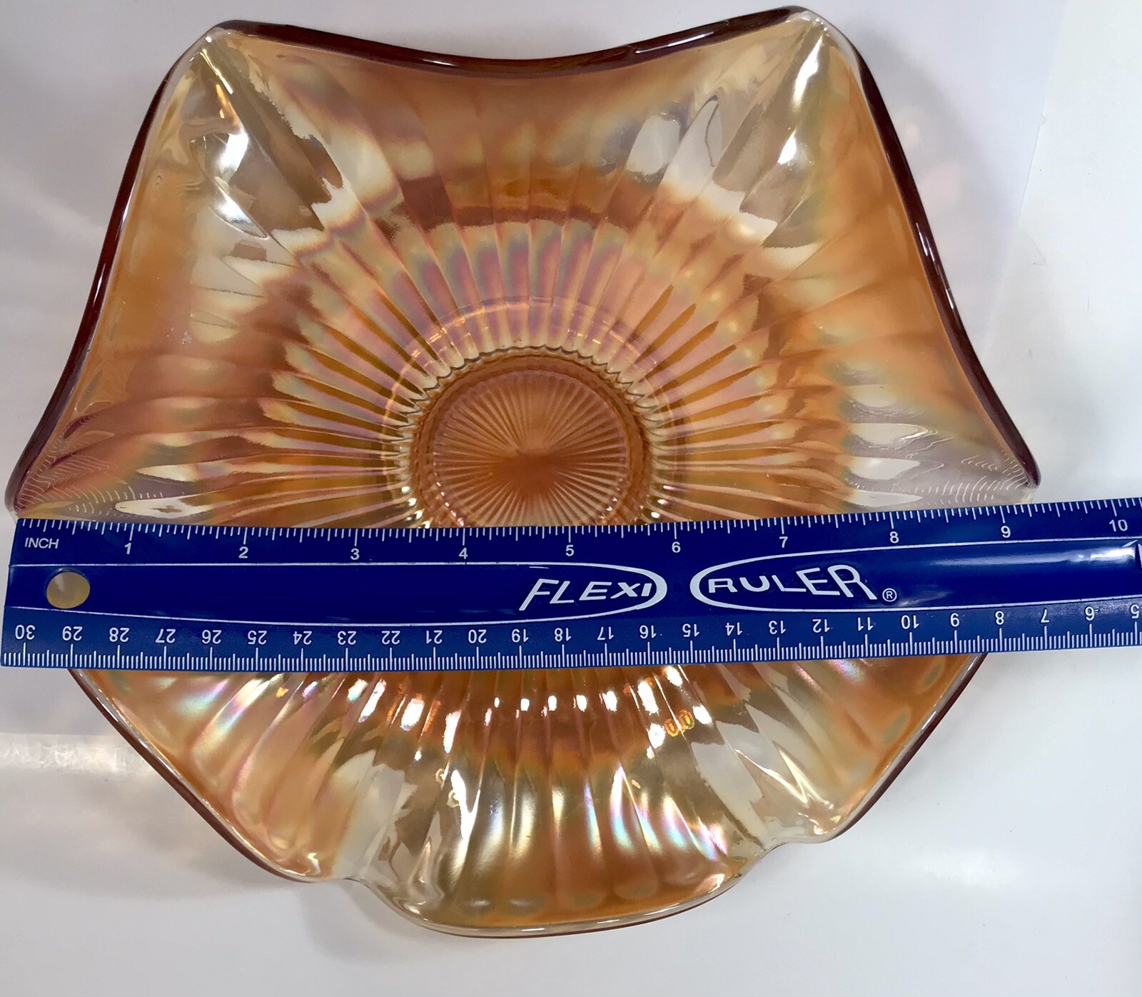 Westmoreland Carnival Glass Bowl Marigold Smooth Rays 9.25″ Six Ruffled Rim W51
