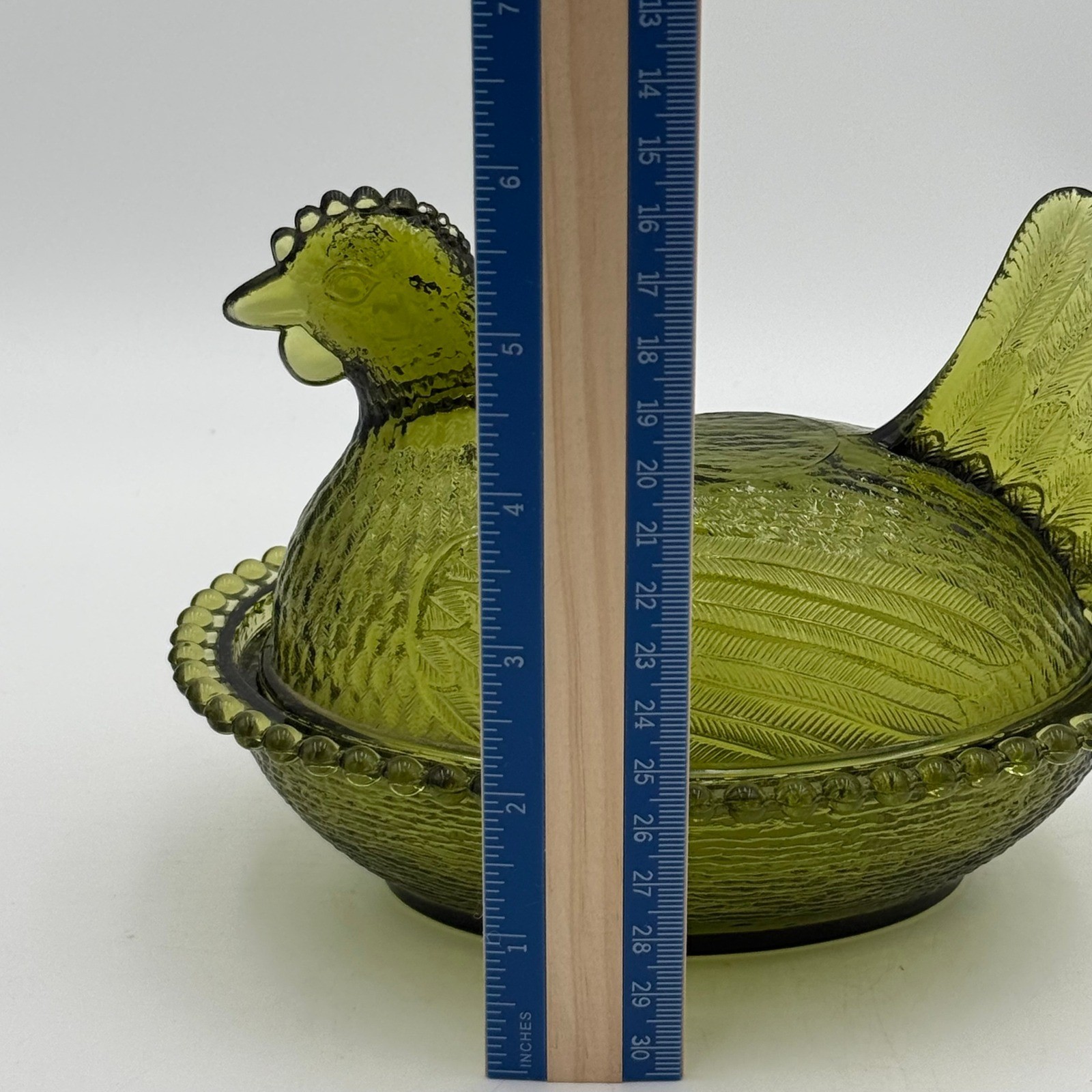 Vintage Olive Green Glass Hen on Nest Covered Candy Dish Farmhouse Decor 5.5in