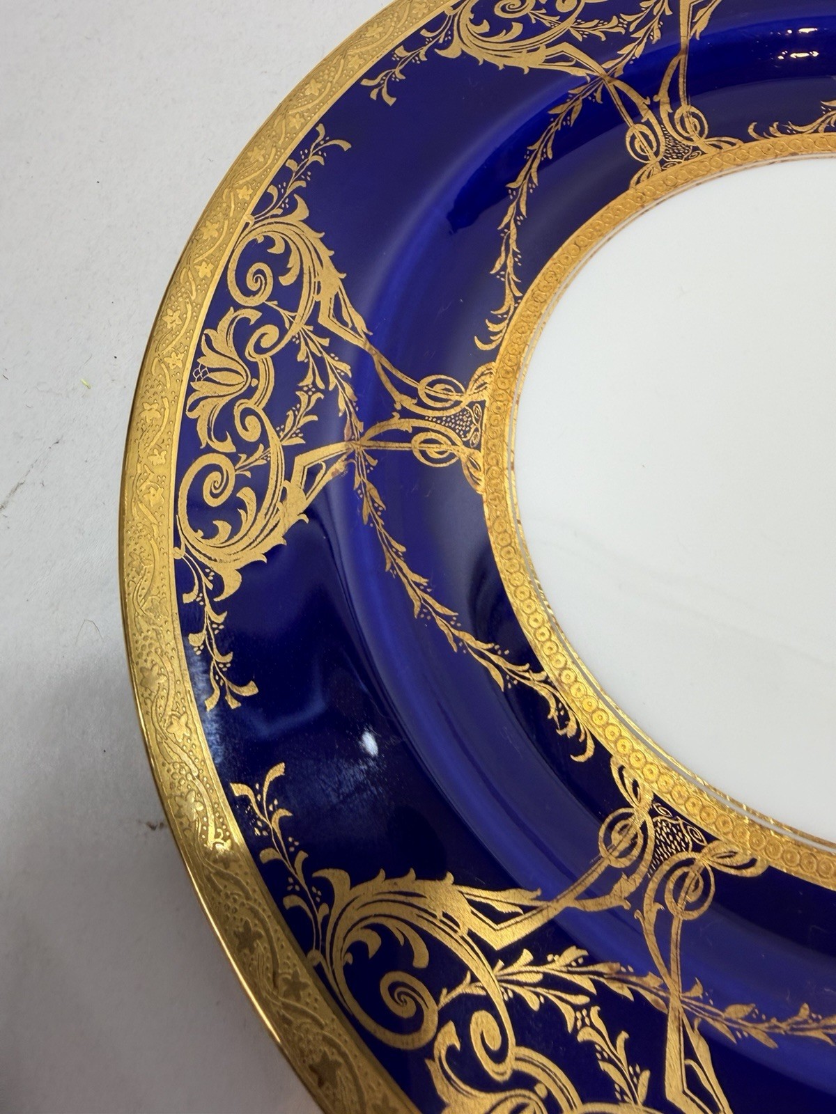 Antique Minton Porcelain 2 Dinner Plates w Raised Cobalt Blue Gold Rim 10 1/8 in