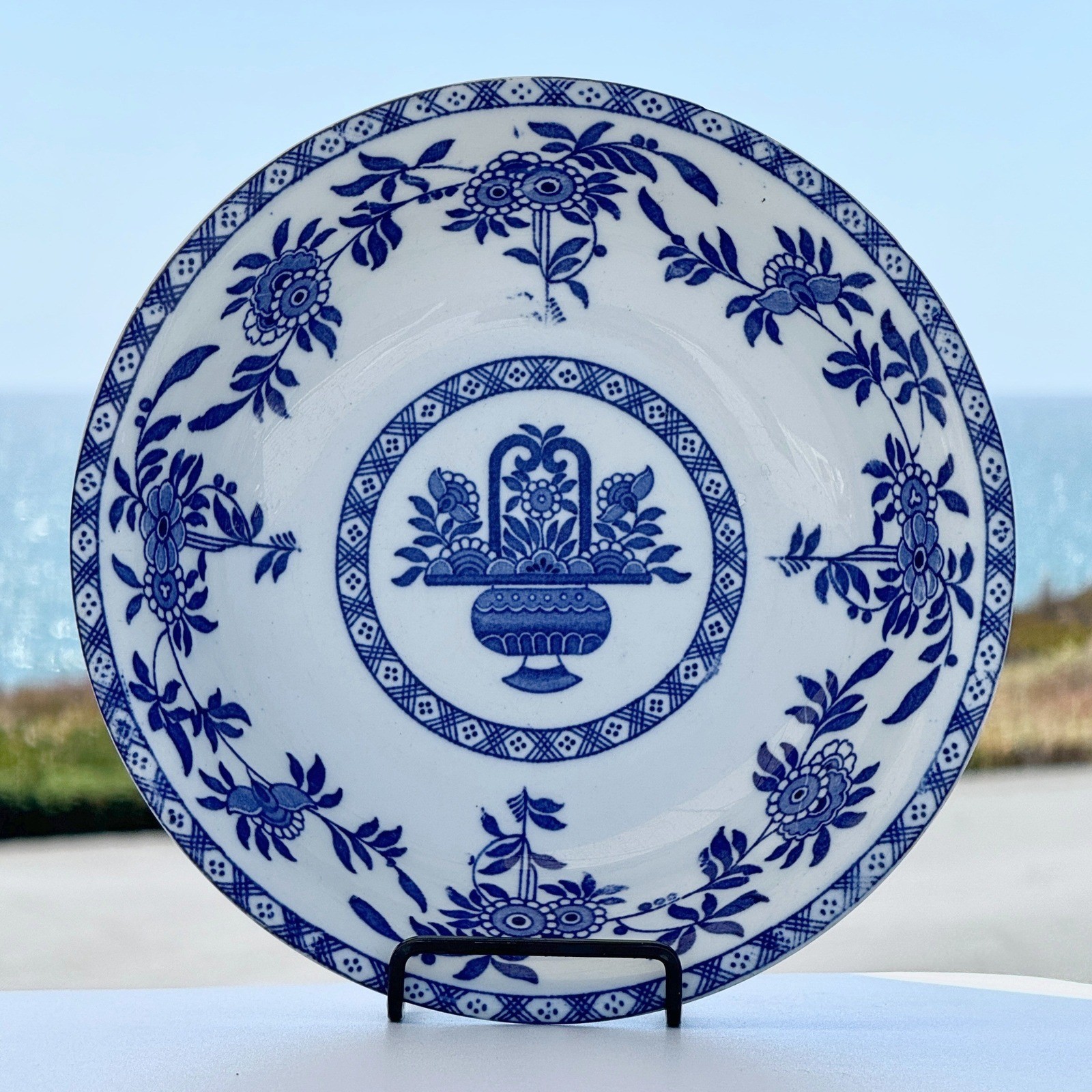 Blue Basket Vintage Ceramic Bowl Unisex OS Blue White Transferware Floral 1980s