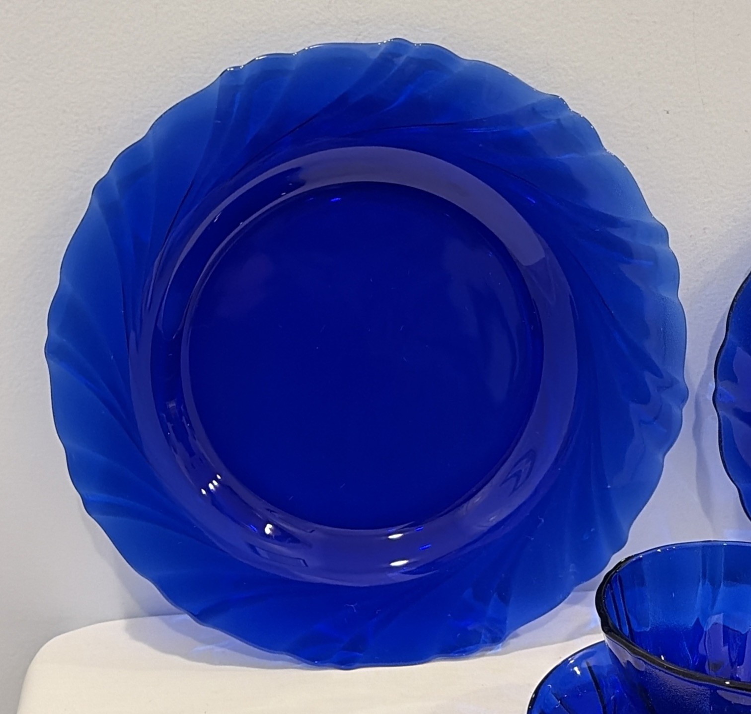 Vintage 4 Piece Place Setting Rivage Cobalt Blue by Duralex Swirl Design France