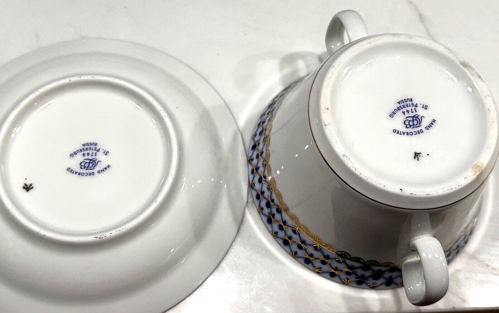 Lomonosov Imperial Porcelain Russian COBALT NET SOUP BOWL with SAUCER 4 NEW