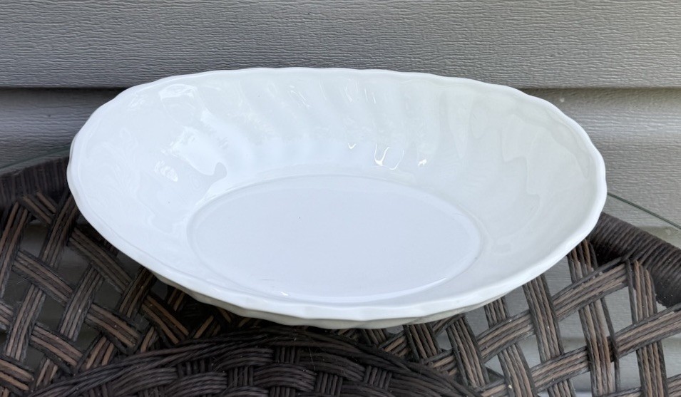 English Elegance Fine Bone China White Oval Bowl Ribbed Embossed Scalloped