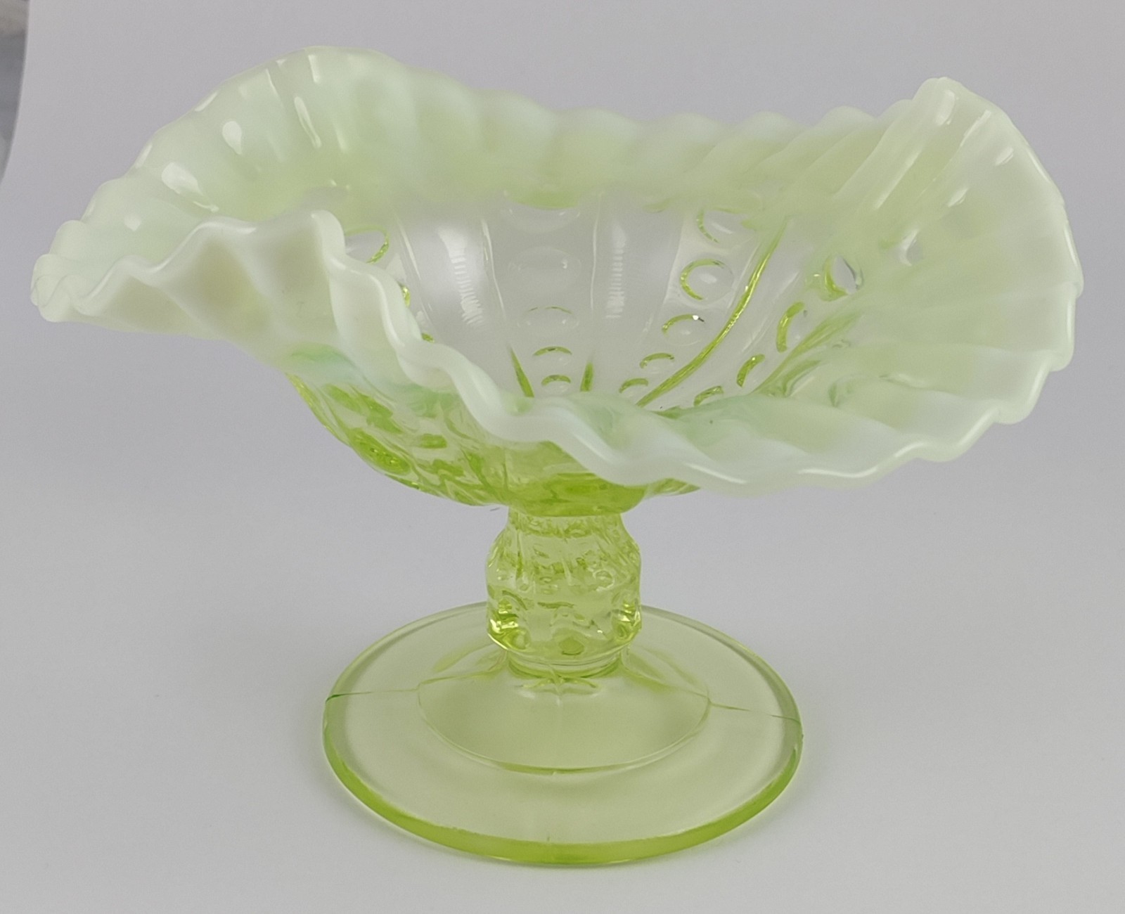 Antique Dugan Canary Opalescent Vaseline Glass Coin Spot Compote UV Glow