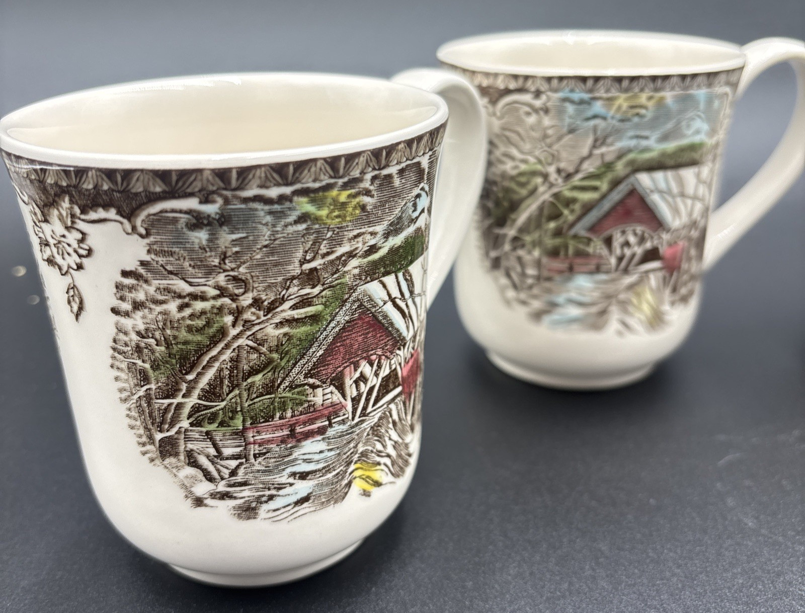 Johnson Bros China The Friendly Village Covered Bridge 4 Lot Coffee Mugs England