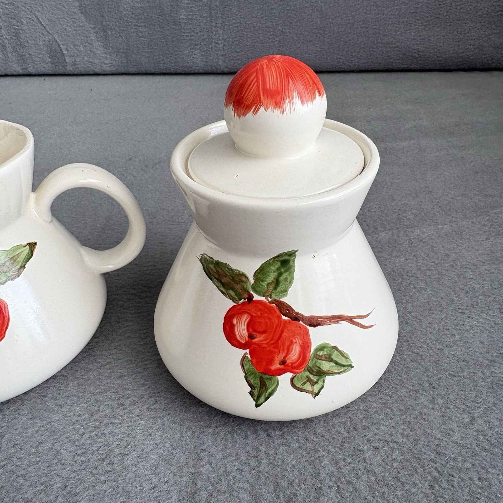 Apple Red Cream And Sugar Set Hand painted Vintage Dinnerware MCM Handmade