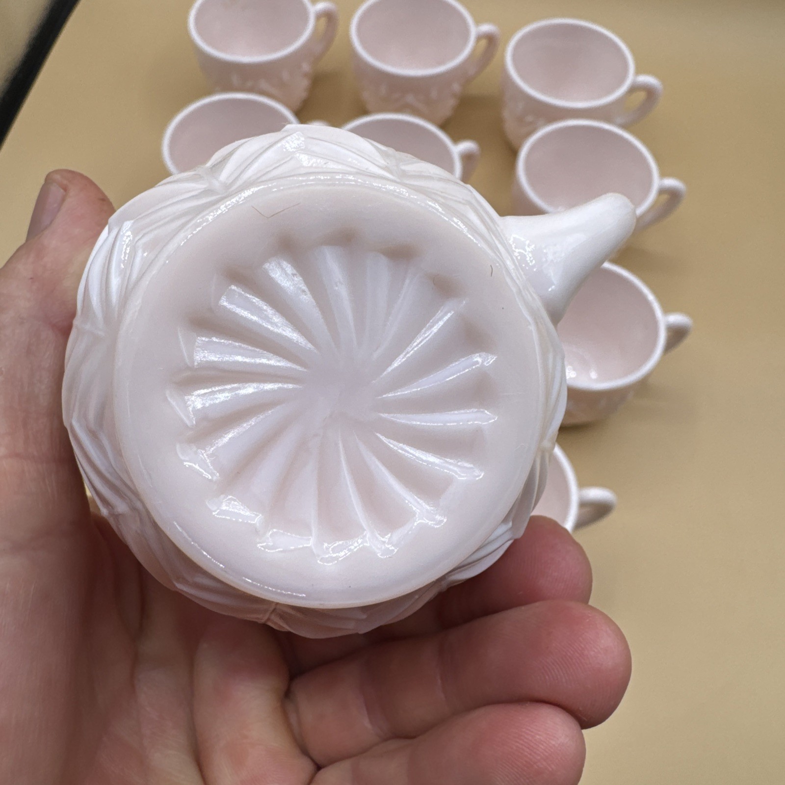 Jeannette Shell Pink Milk Glass Feather Pattern Set of 11 Mid-Century Modern