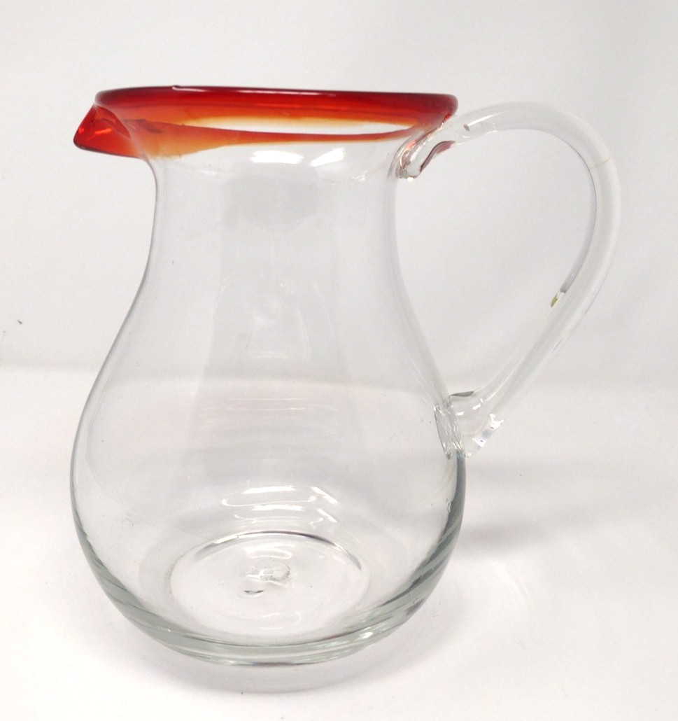 Mexican Handblown Red Rim Glass Pitcher Large 8 3/4″