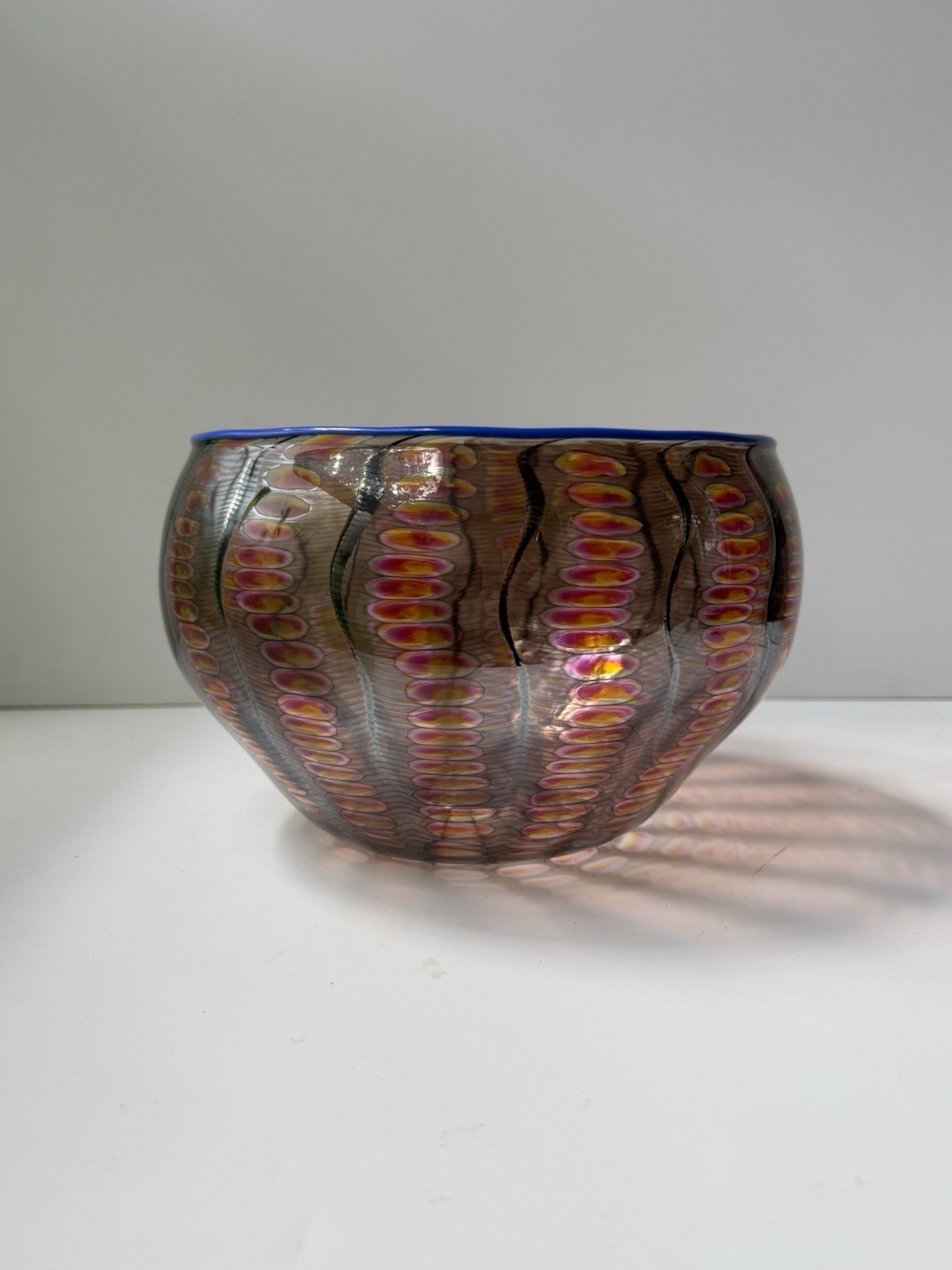 Tom Philabaum 1997 Signed Studio Art Glass Bowl Reptilian Series Blue Rim