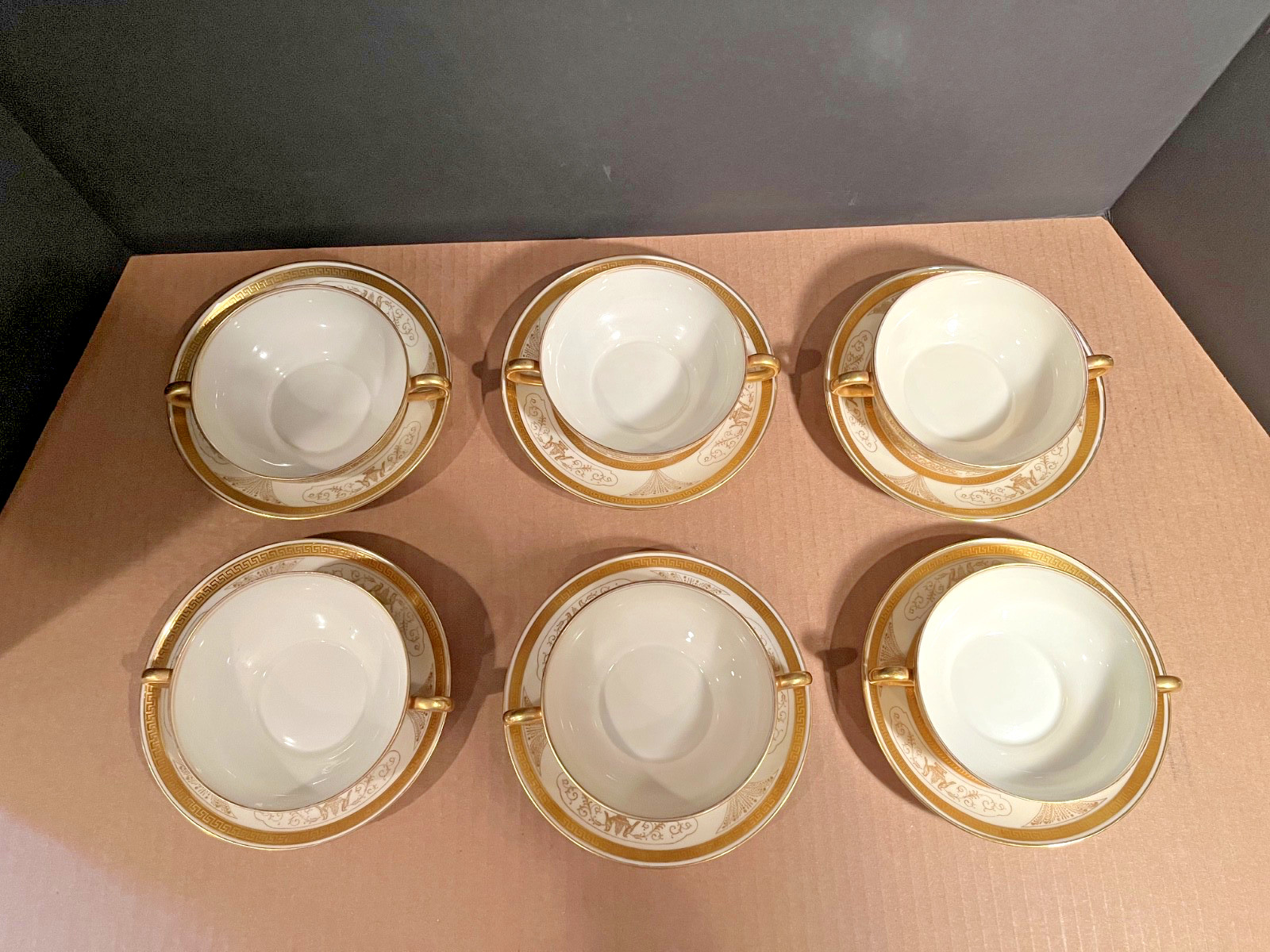 Antique Pirkenhammer Gold Encrusted Bouillon Cream Soup Cups Saucers Set of Six