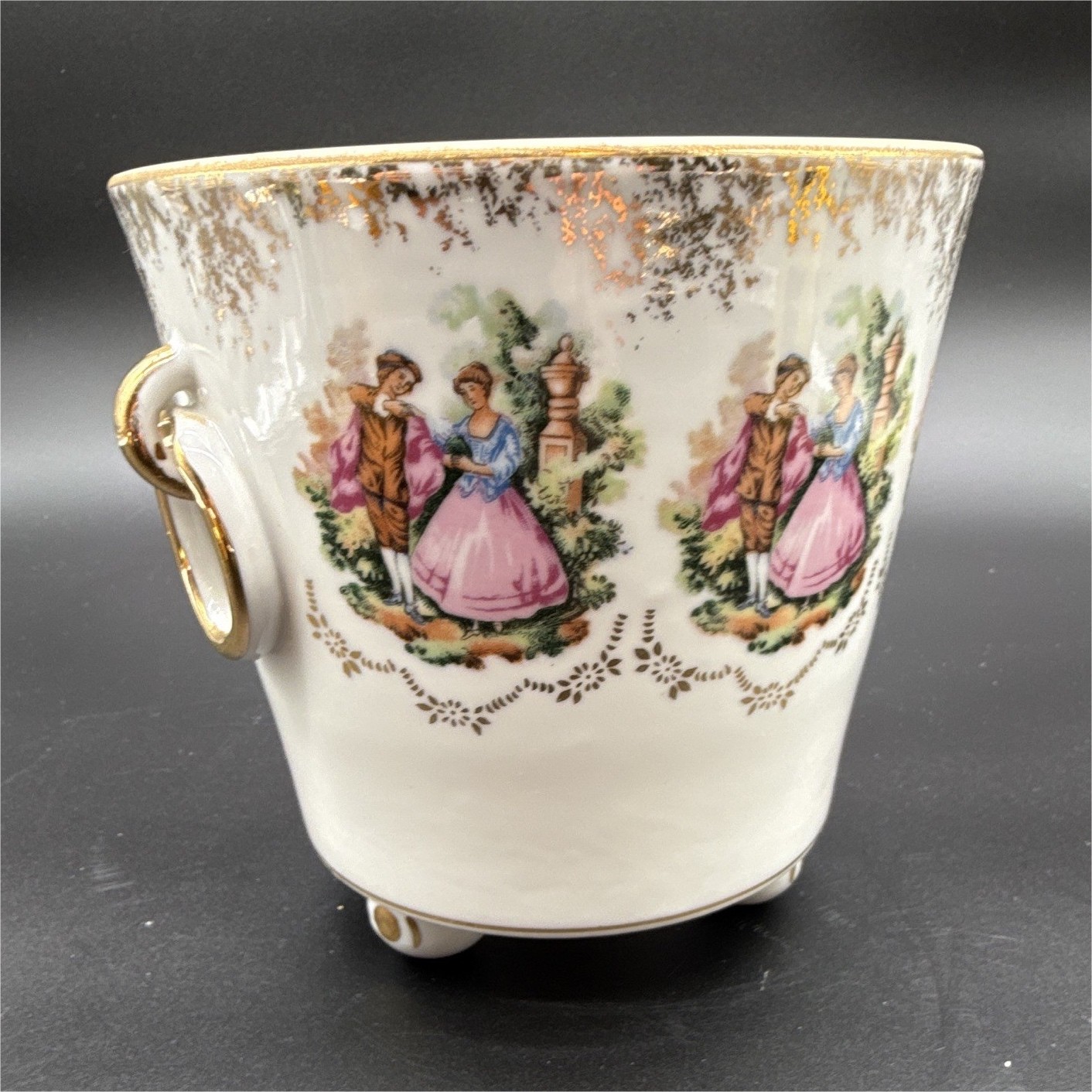 Japan White Ceramic Footed Bowl Gold Ring Handles Courting Couple 5in
