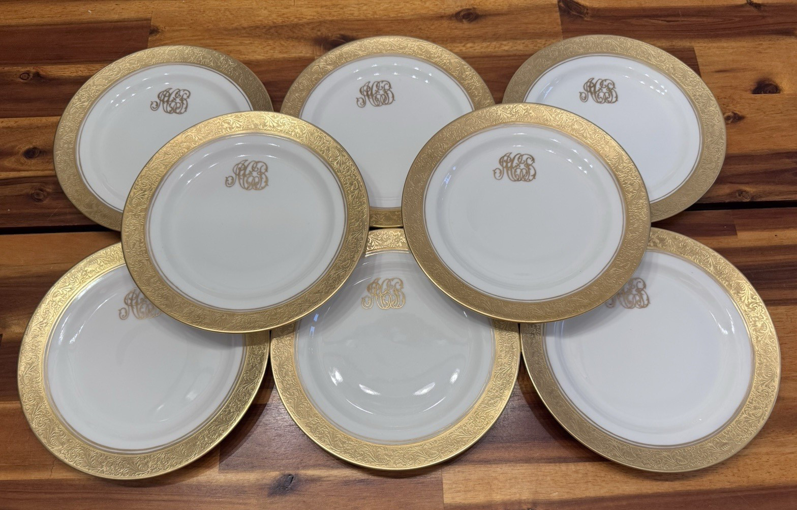 8pcs Antique Limoges P&P Gold Encrusted Monogram Salad Plates 7.5″- France, MINT