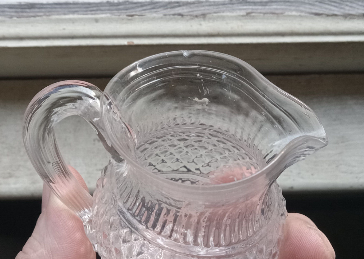 1830s EARLY 3 MOLD BLOWN TOY CREAMER DIAMOND HOBNAIL BOSTON & SANDWICH GLASS CO