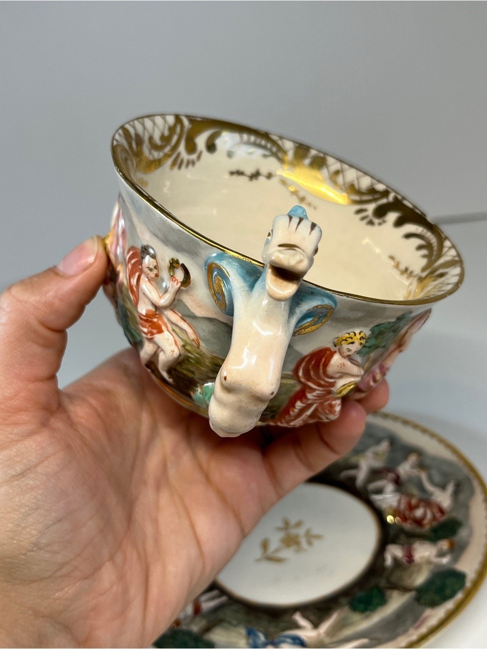 Vintage Capodimonte Italy Demitasse Teacup & Saucer MAS Cherub Dragon Handle MCM