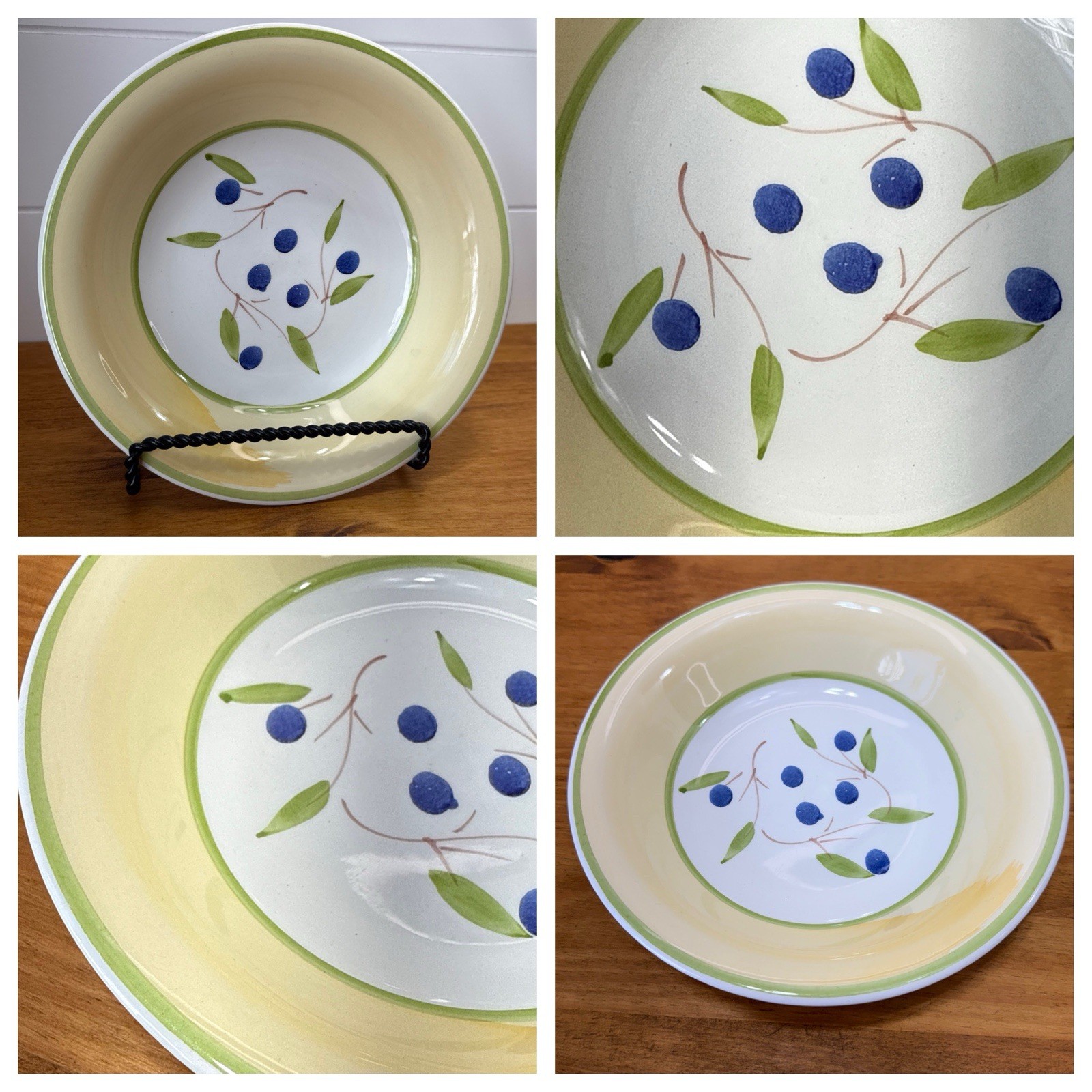 Vintage CMS Italy Hand Painted Blue Berry Bowl 8.25” Yellow Green Rim