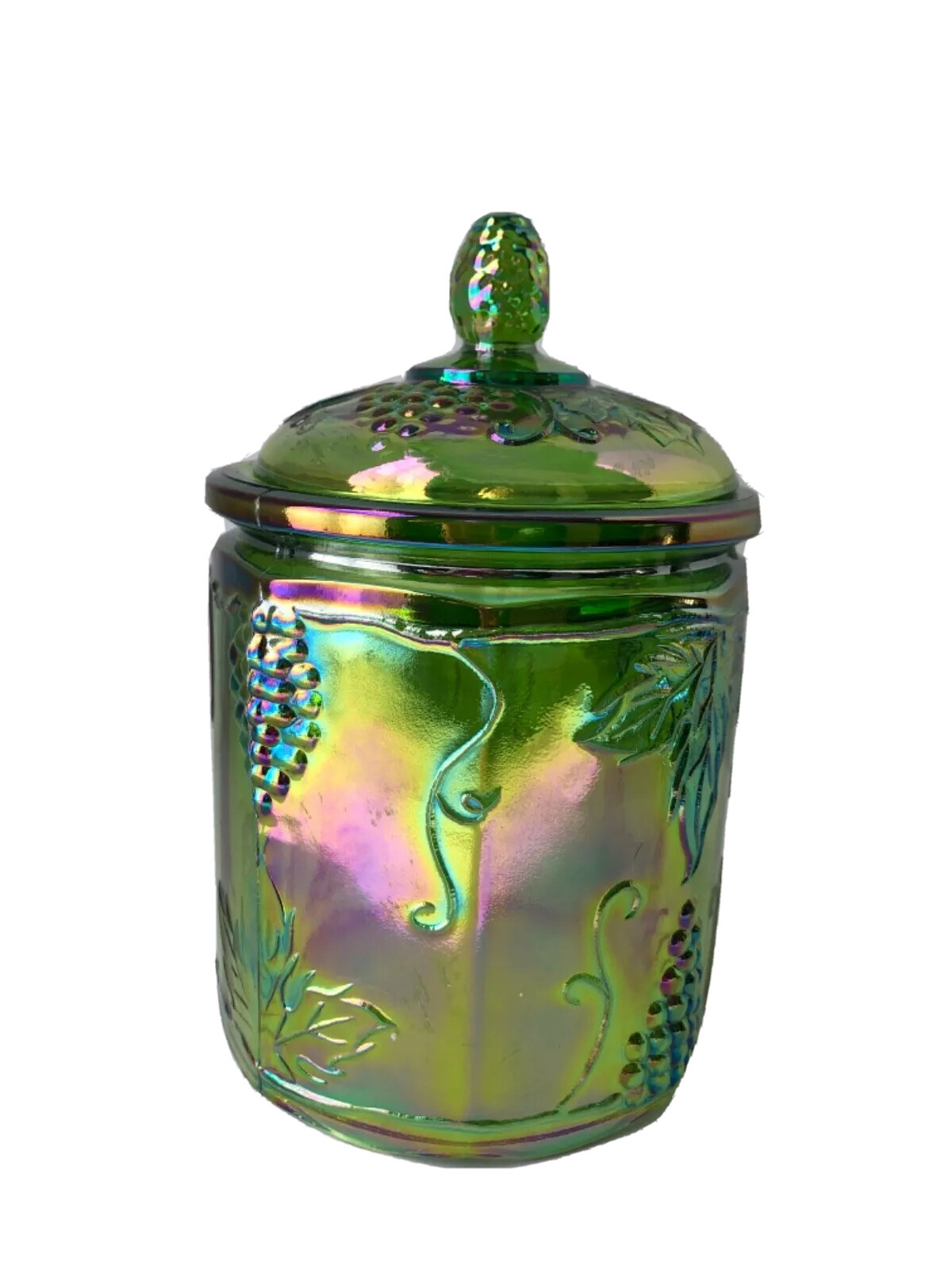 VINTAGE INDIANA GREEN GRAPE HARVEST CARNIVAL GLASS IRIDESCENTCANISTER/JAR LIDDED