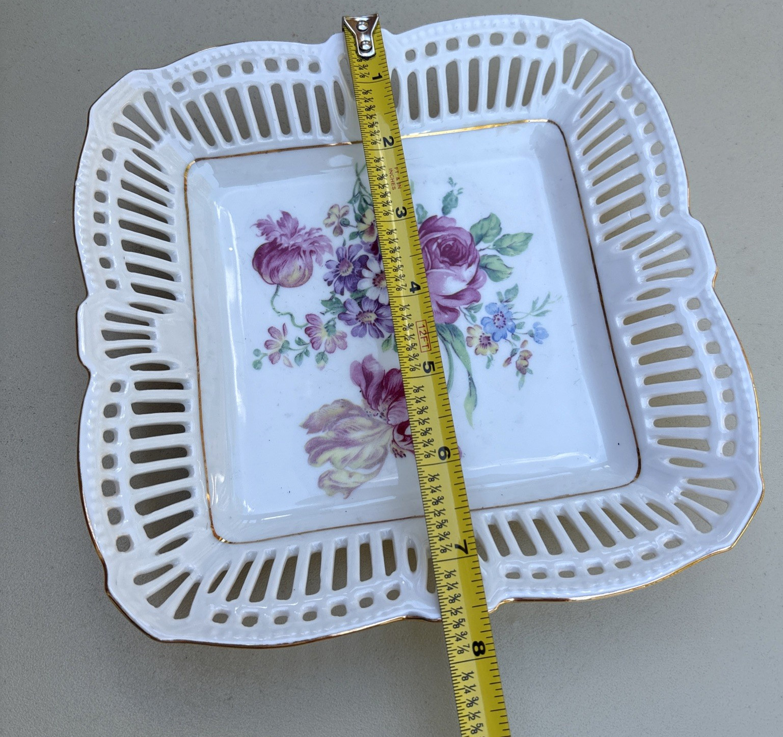 BJL German Floral Dish Hand Painted Vintage Reticulated Porcelain Square 7.75 in