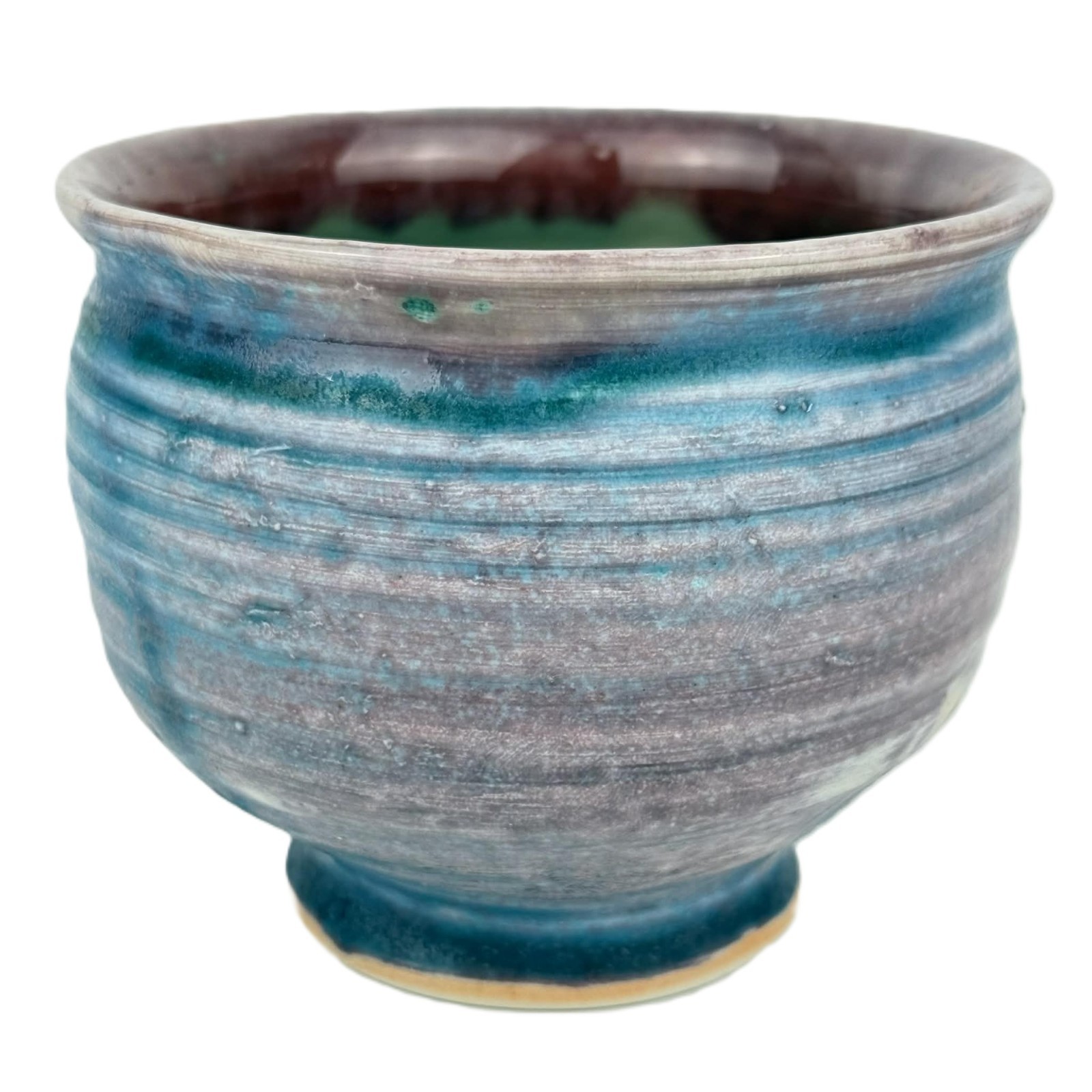 Studio Pottery Stoneware Bowl Art Decor 4.25” Artist Made Blue Violet Drip Glaze