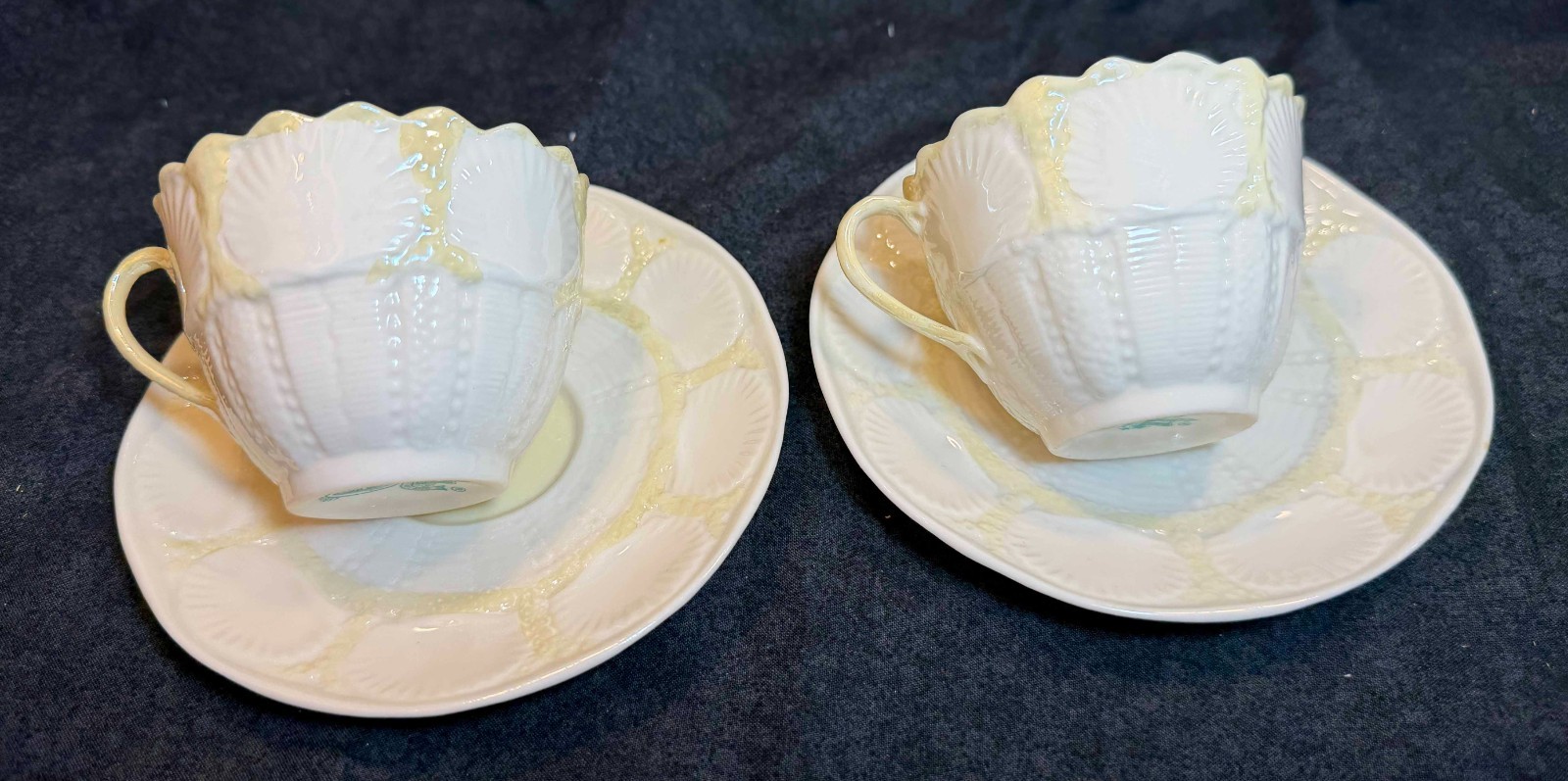 Two Belleek Shell Teacup and Saucer Sets. Handmade in Ireland.