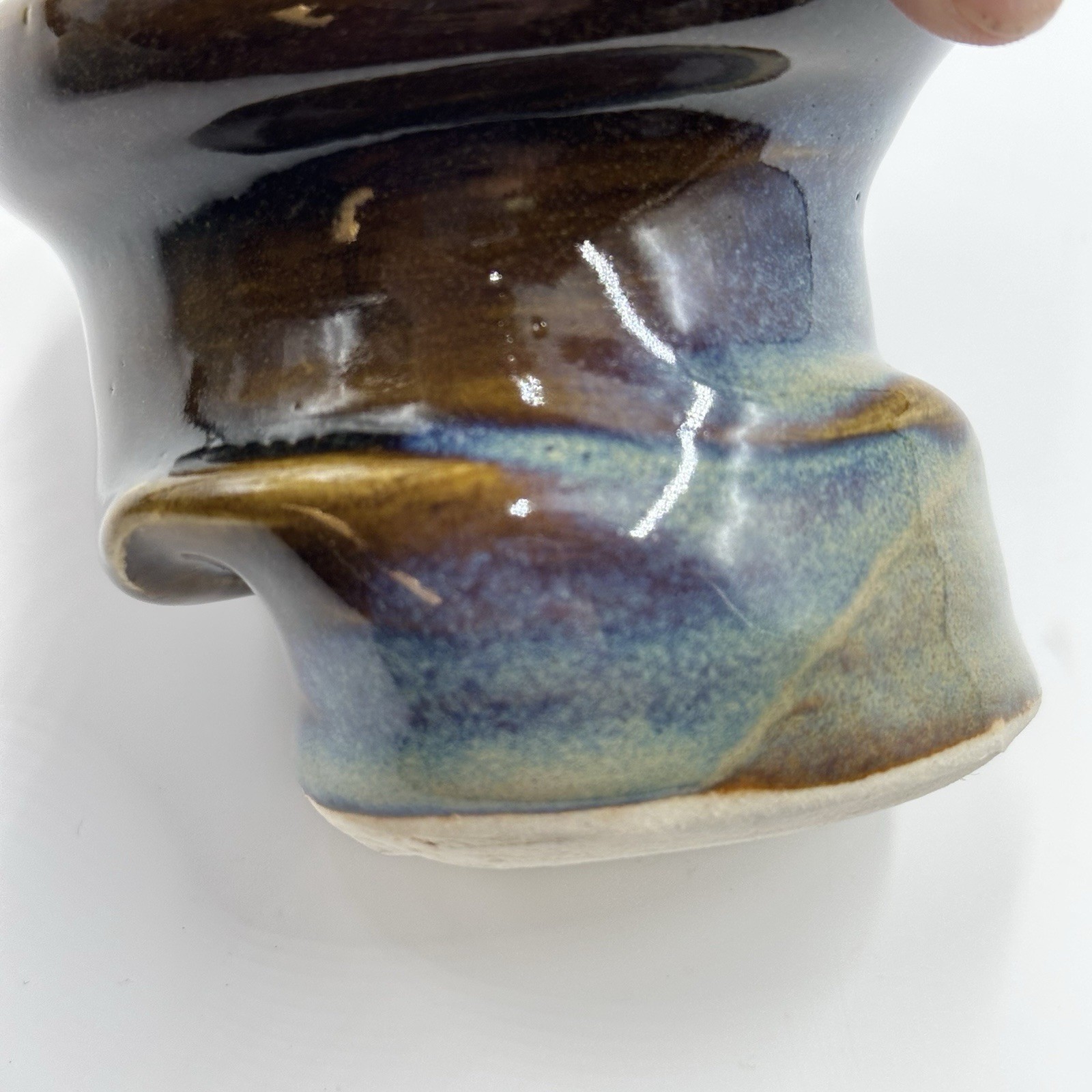 Studio Art Asymmetrical Warped Pottery Cup Blue Drip Glazed Artist Initialed