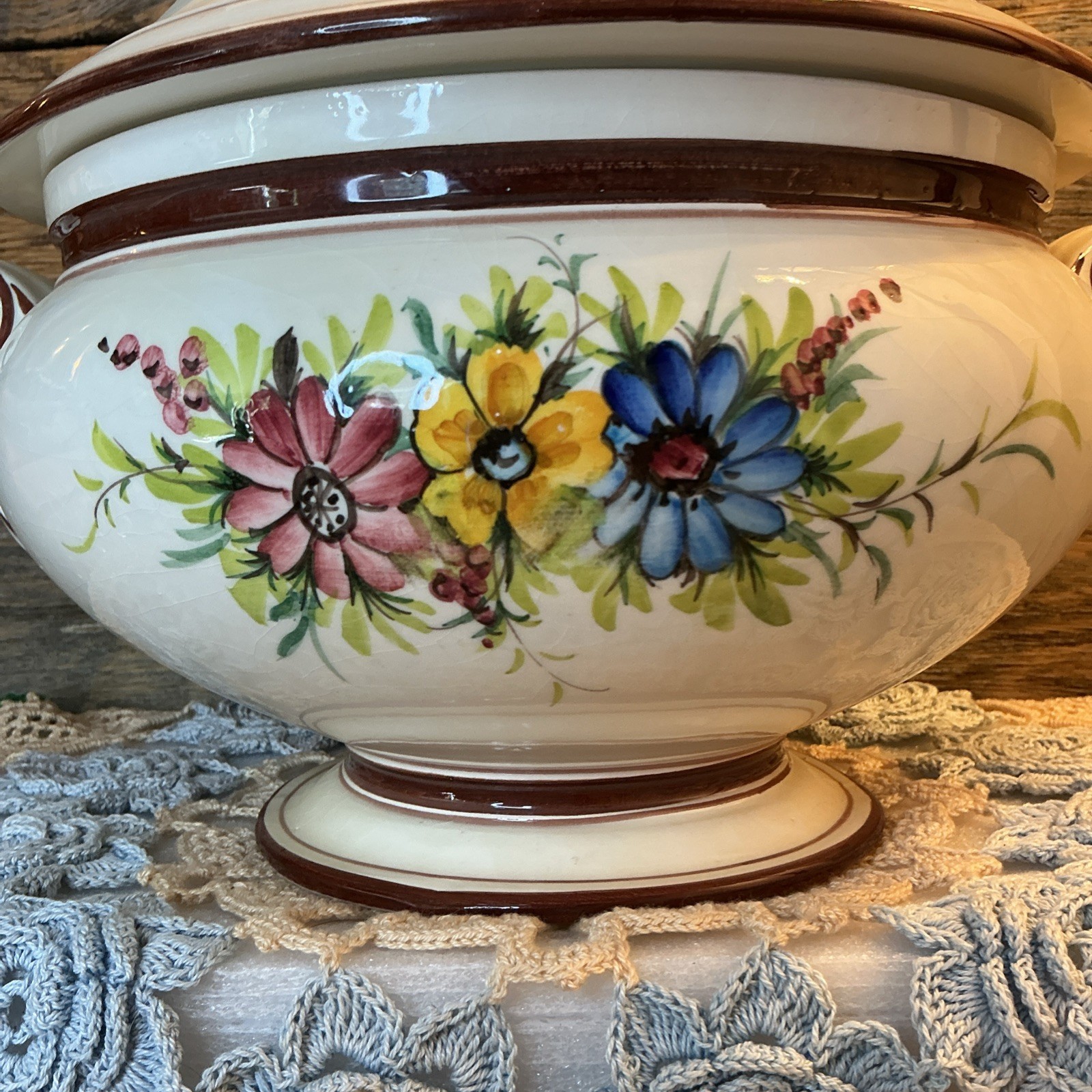 Vintage Italian Ceramic Centerpiece Bowl Capodimonte Style Floral 12” Crown N