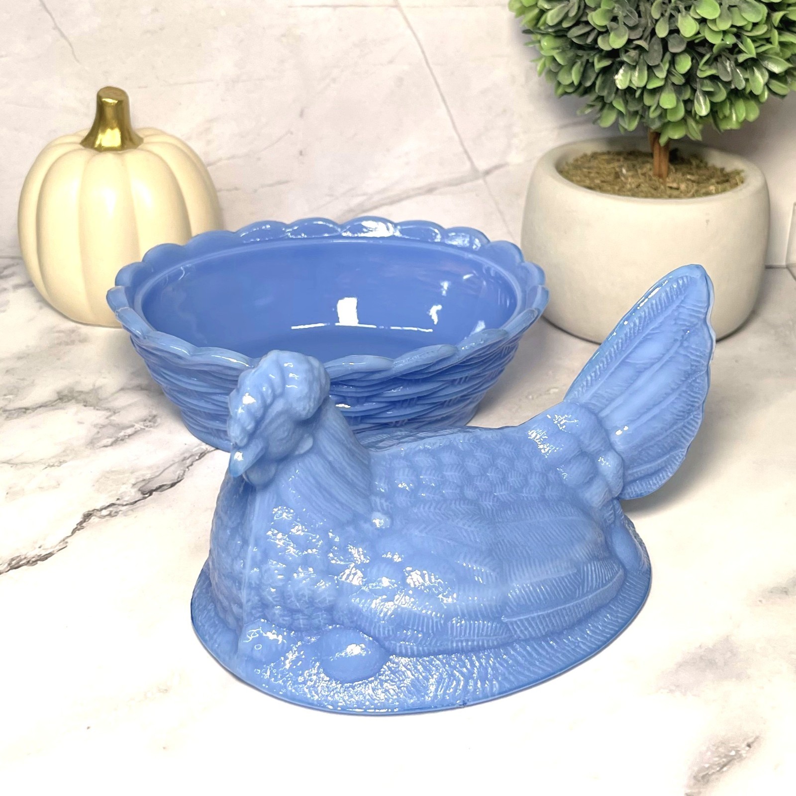 Hen on Nest Chicken Periwinkle Blue Depression Style Glass Candy Dish, VTG Style