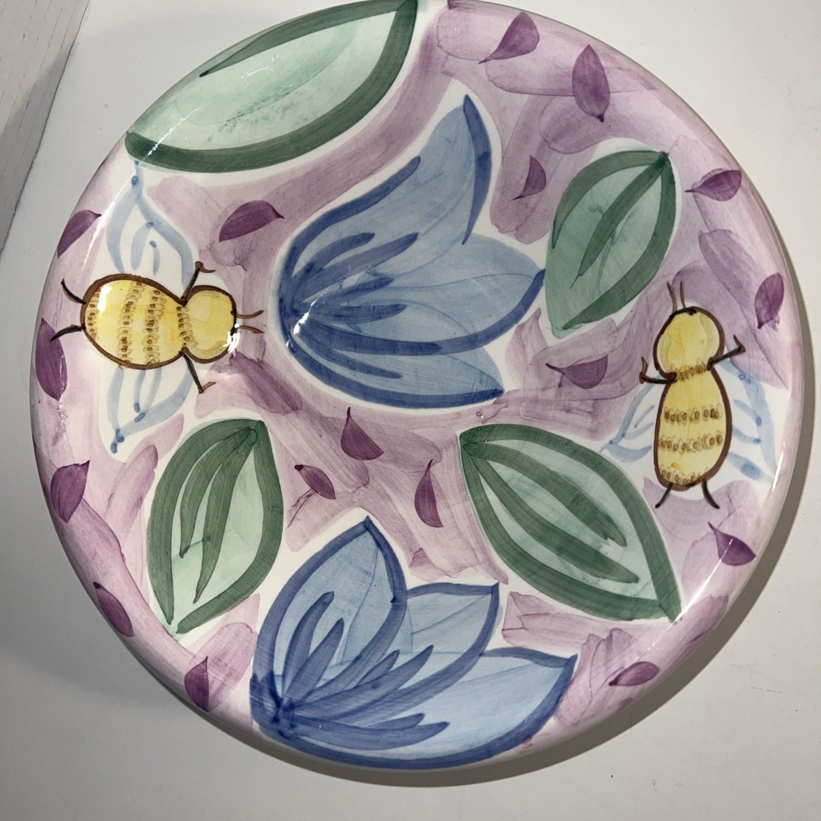 Bella Ceramica Soup Salad Serving Bowls Purple Flowers Bee 8.75”D Set Of 2