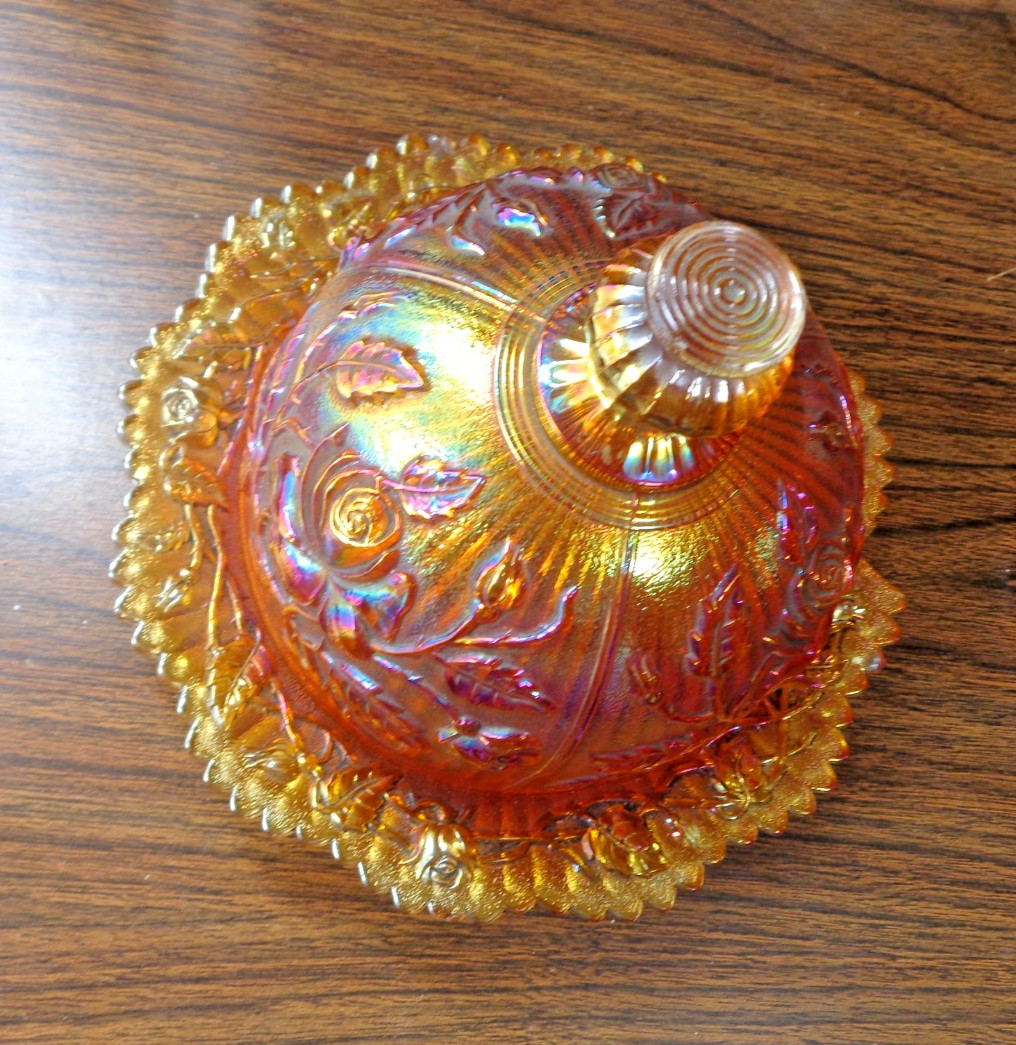 Imperial Carnival Glass Dome Lid Butter Dish Marigold Open Rose Pattern