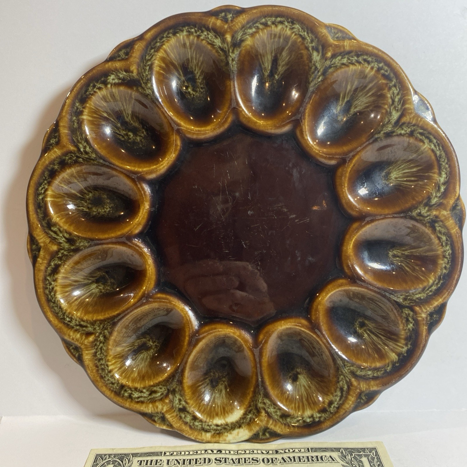 Vintage Canonsburg? Peacock Brown Drip Glaze Deviled Egg Platter 9” 12 Egg USA