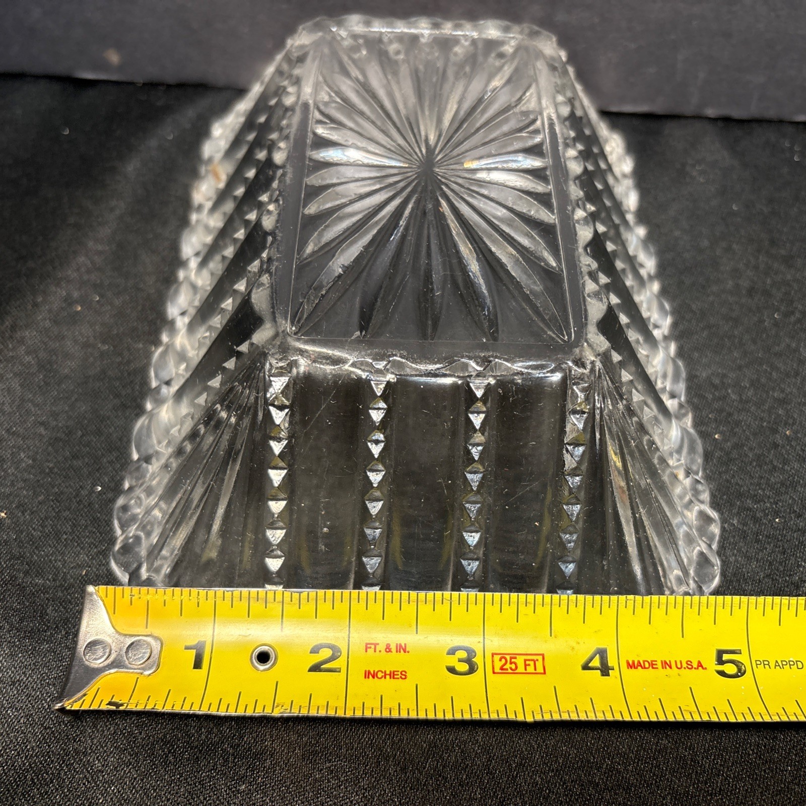 Antique Early 1900’S Pressed Glass Candy Dish Sunburst Clear 7”X5”Rectangular