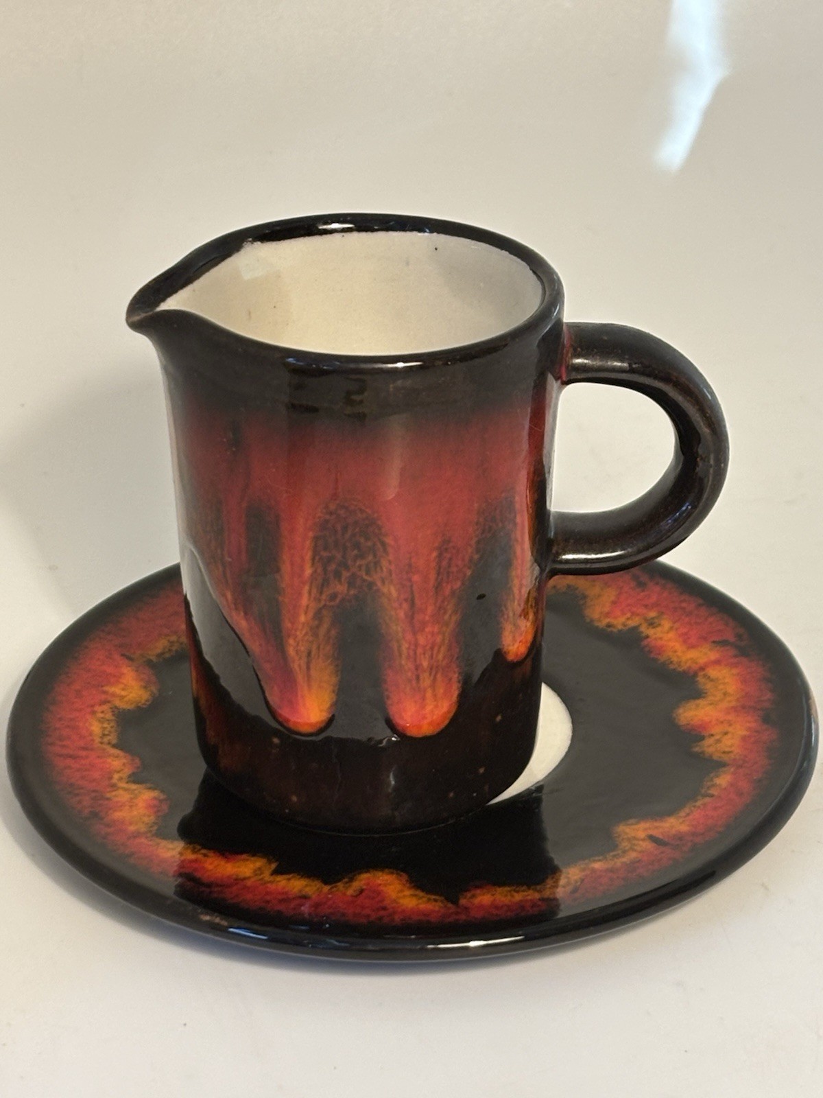 Vintage 1970’s Burkart Kreuzlingen Fat Lava Drip Glaze Creamer And Saucer Set