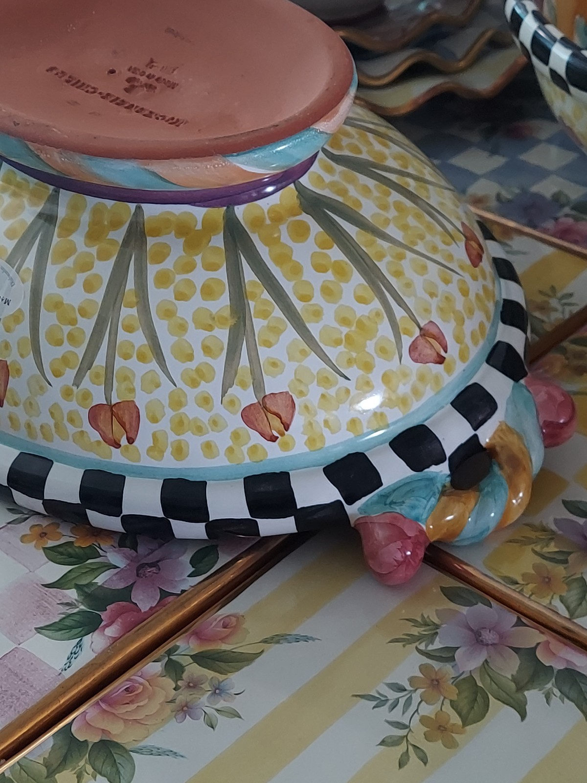 MacKenzie-Childs Taylor Odd Fellows Ceramic Footed Bowl With Courtly Check