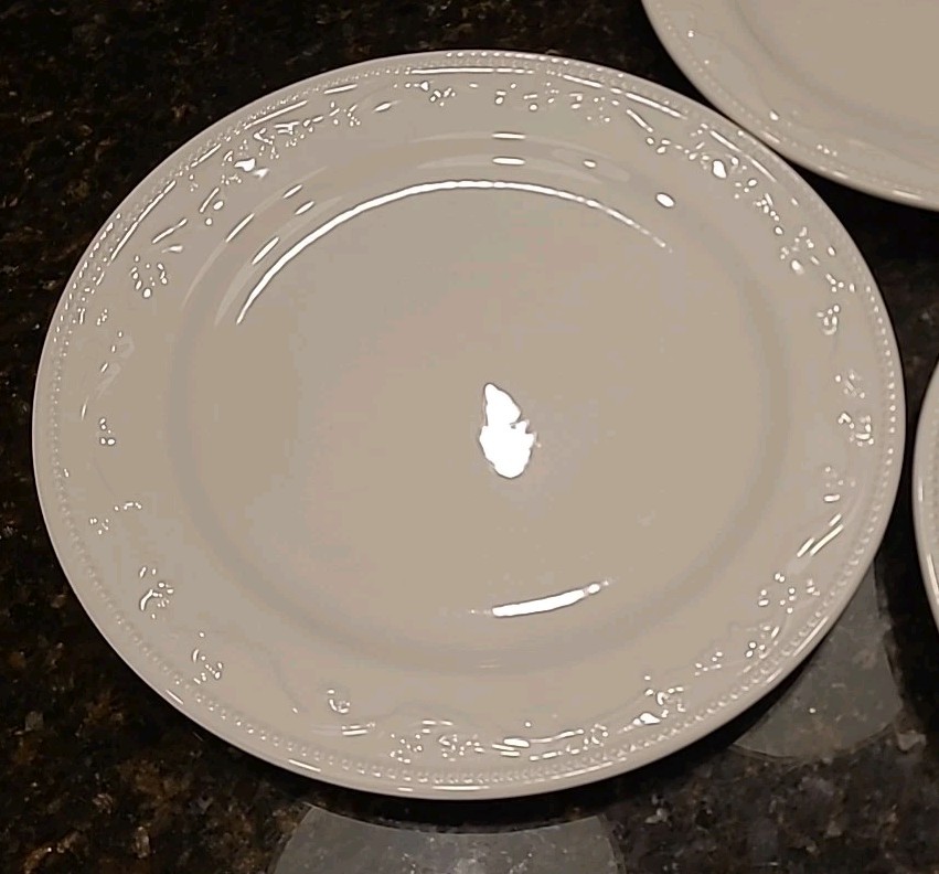 SET (3) Mesa International 11 7/8″ Dinner Plates. White Embossed Dots & Scrolls