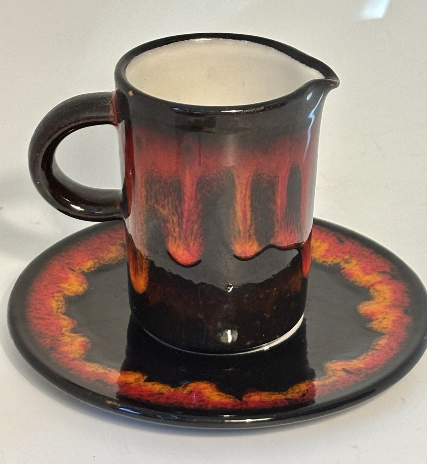 Vintage 1970’s Burkart Kreuzlingen Fat Lava Drip Glaze Creamer And Saucer Set