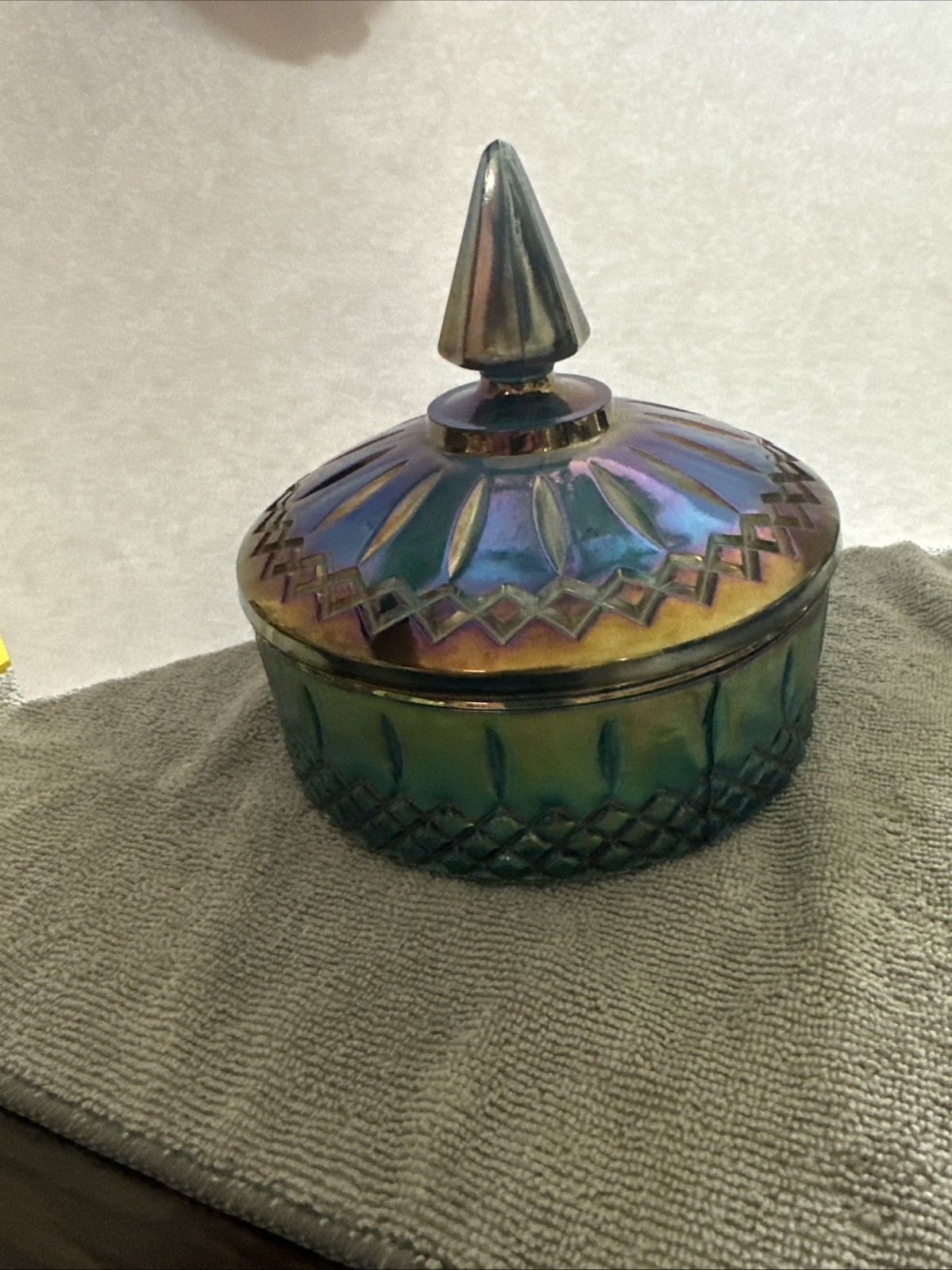 Vintage Indiana Glass Princess Iridescent Blue Carnival Glass Candy Dish W/ Lid