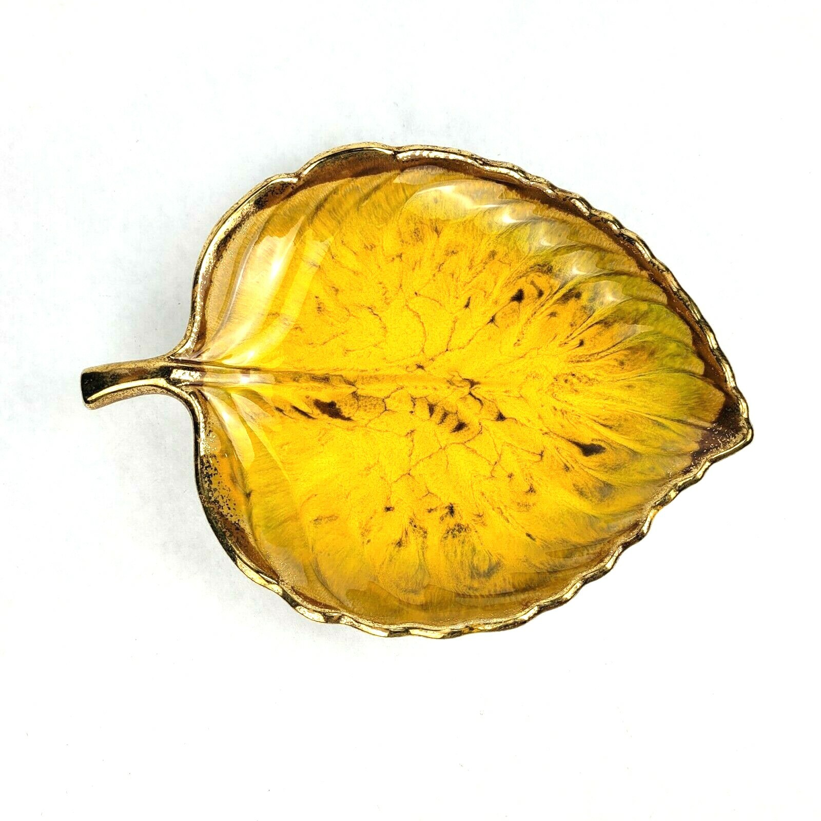 California Pottery Yellow Leaf Dish no 872 Brown Glaze Gold Rim USA Made