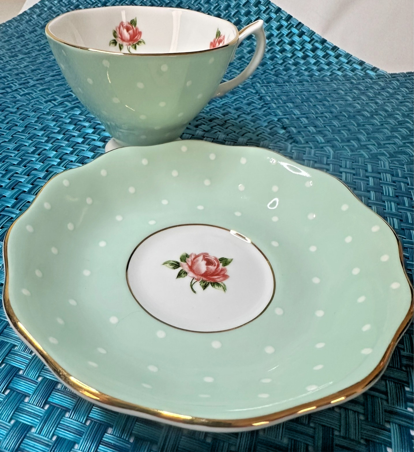 Royal Albert Polka Rose Mint Green Teacup & Saucer Bone China England