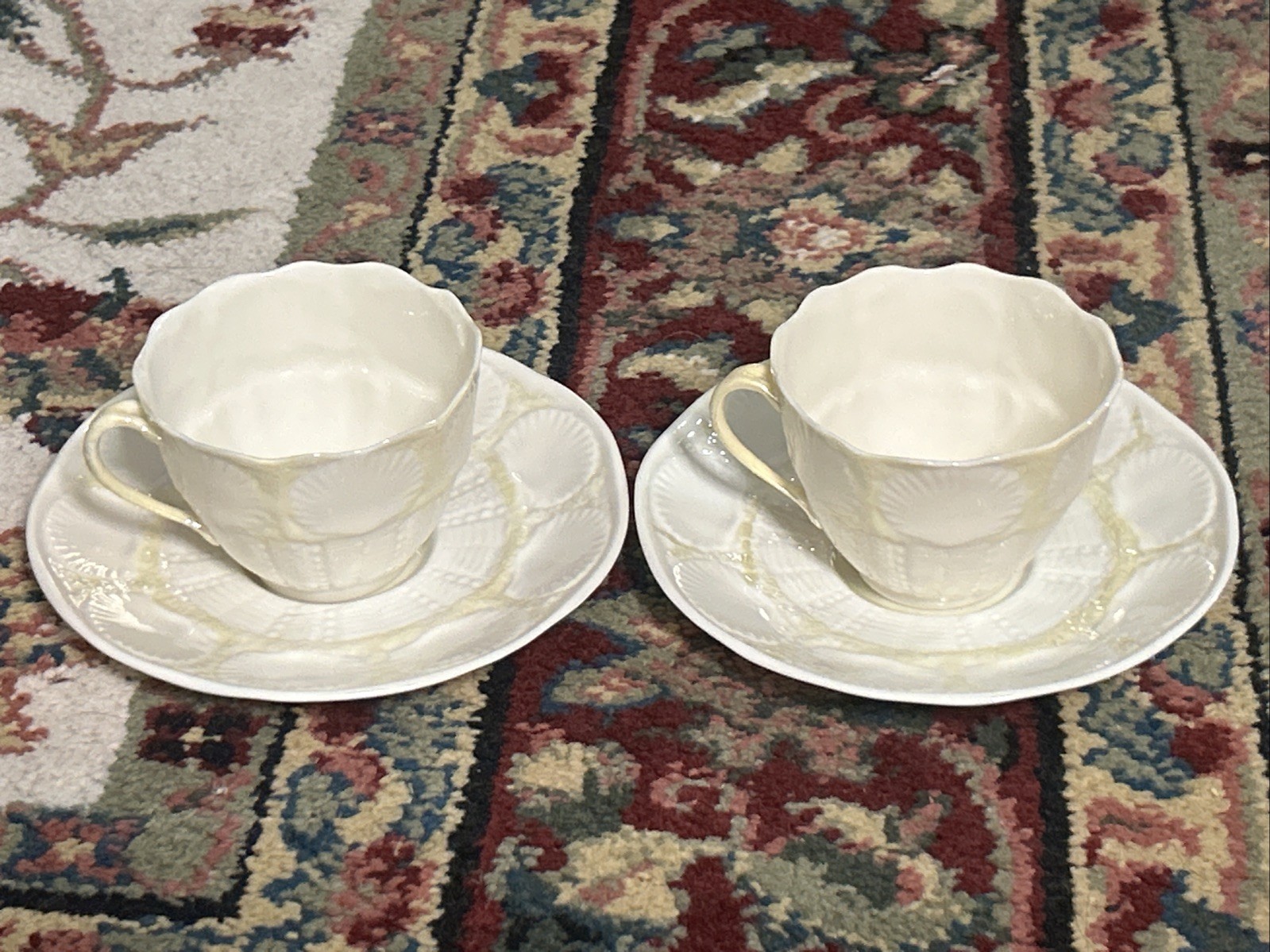 Belleek ~ Ireland ~ “Shell” Pattern Yellow Lustre Cup & Saucer ~ 6th Mark ~ Mint