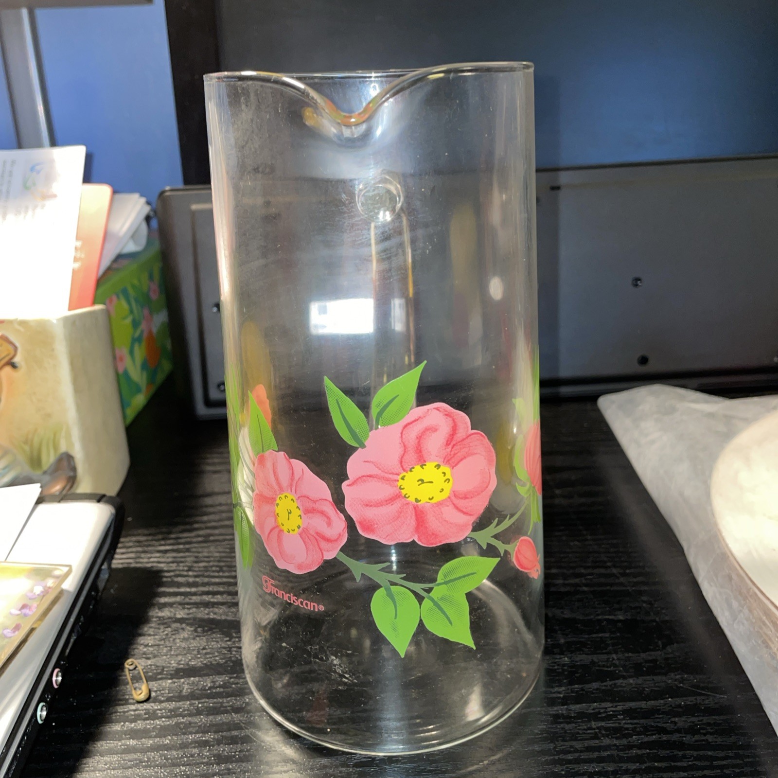 Vintage Franciscan Desert Rose Clear Glass Pink Flower 7.75 in Cocktail Pitcher