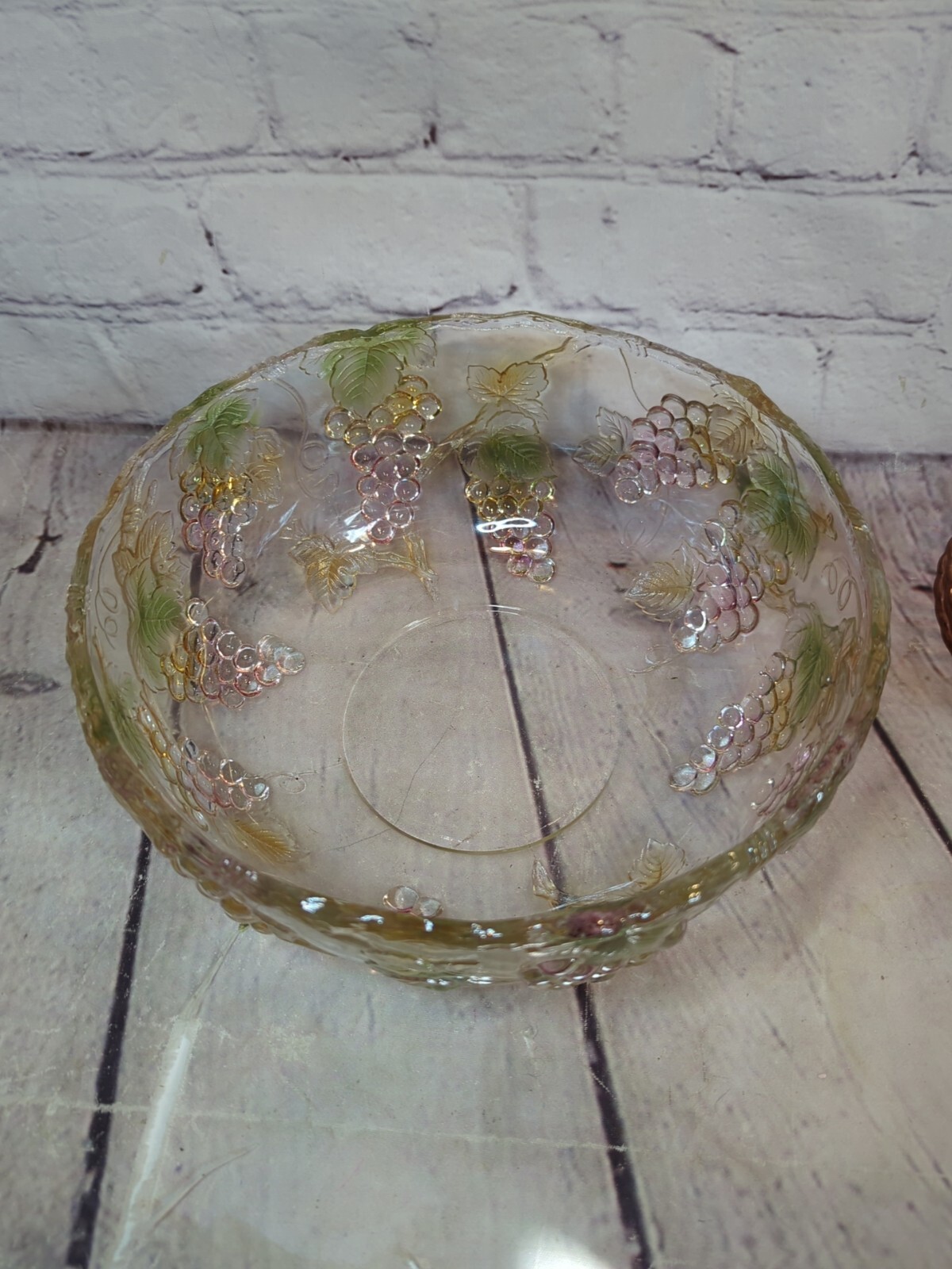 Vtg Pressed Glass Bowl Grapes 3-D Grapevines 4″ Tall 9.5″ Wide MCM