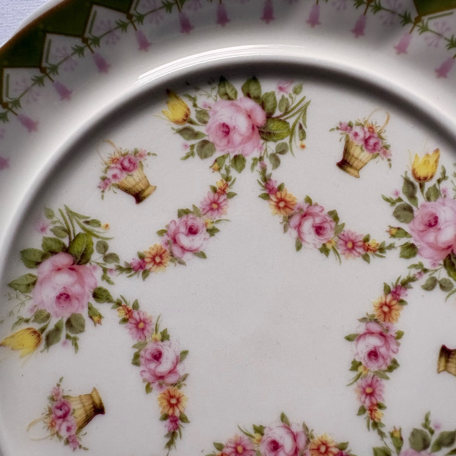 Powell Craft Floral Porcelain Covered Butter Dish/Cheese Dome Roses Green Border