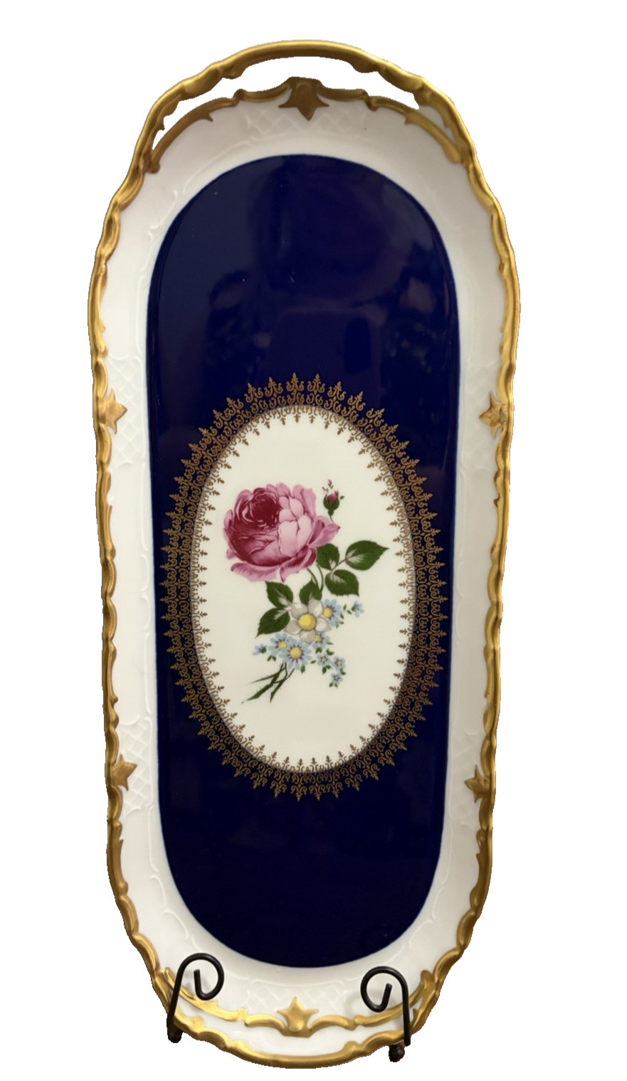 Reichenbach Echt Kobalt 16″ Cobalt Blue Floral Oval Serving Platter Gold Trim