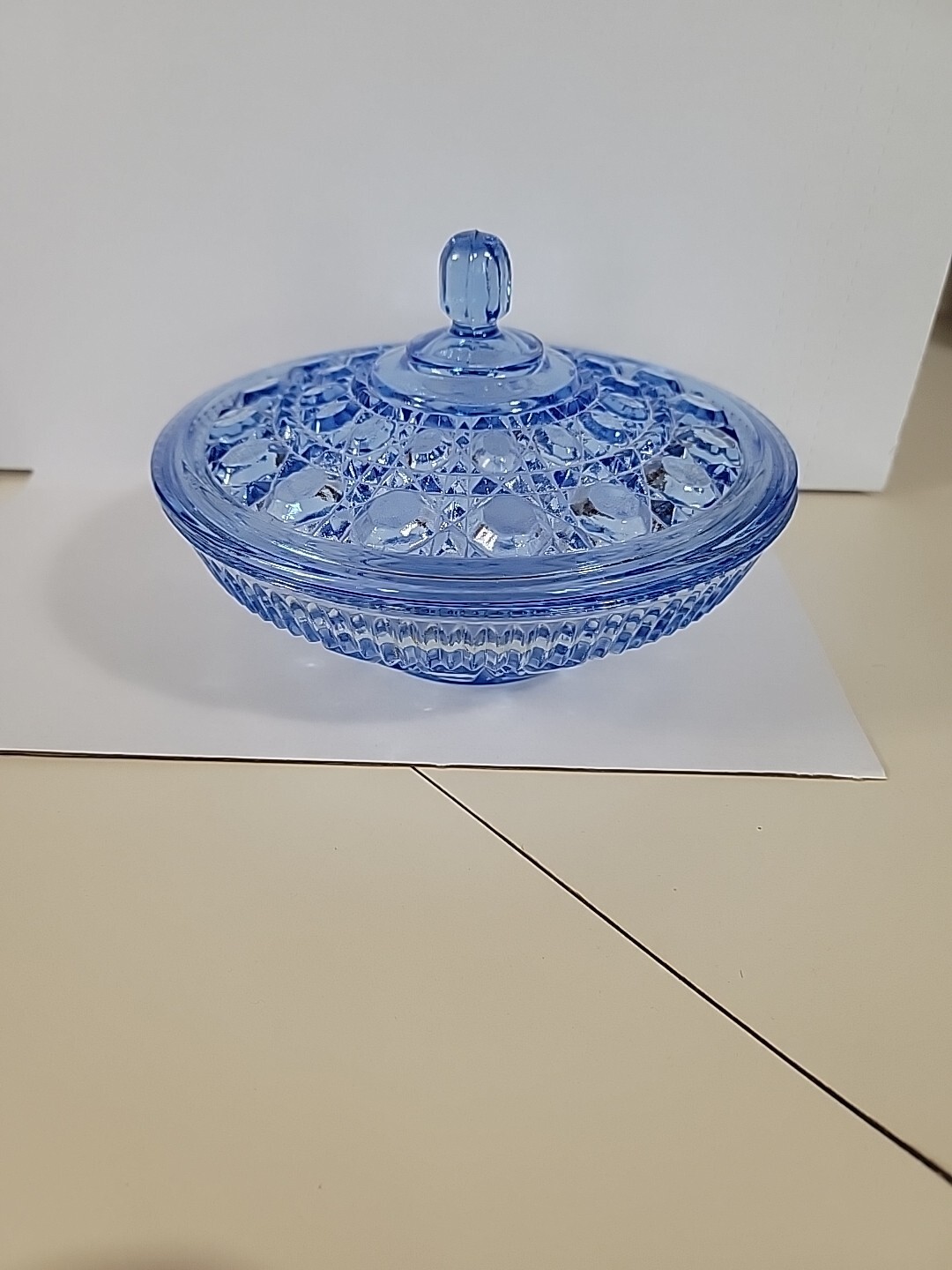 Indiana Glass 7.5 Inches Round Windsor Covered Candy Dish Blue Button Pattern