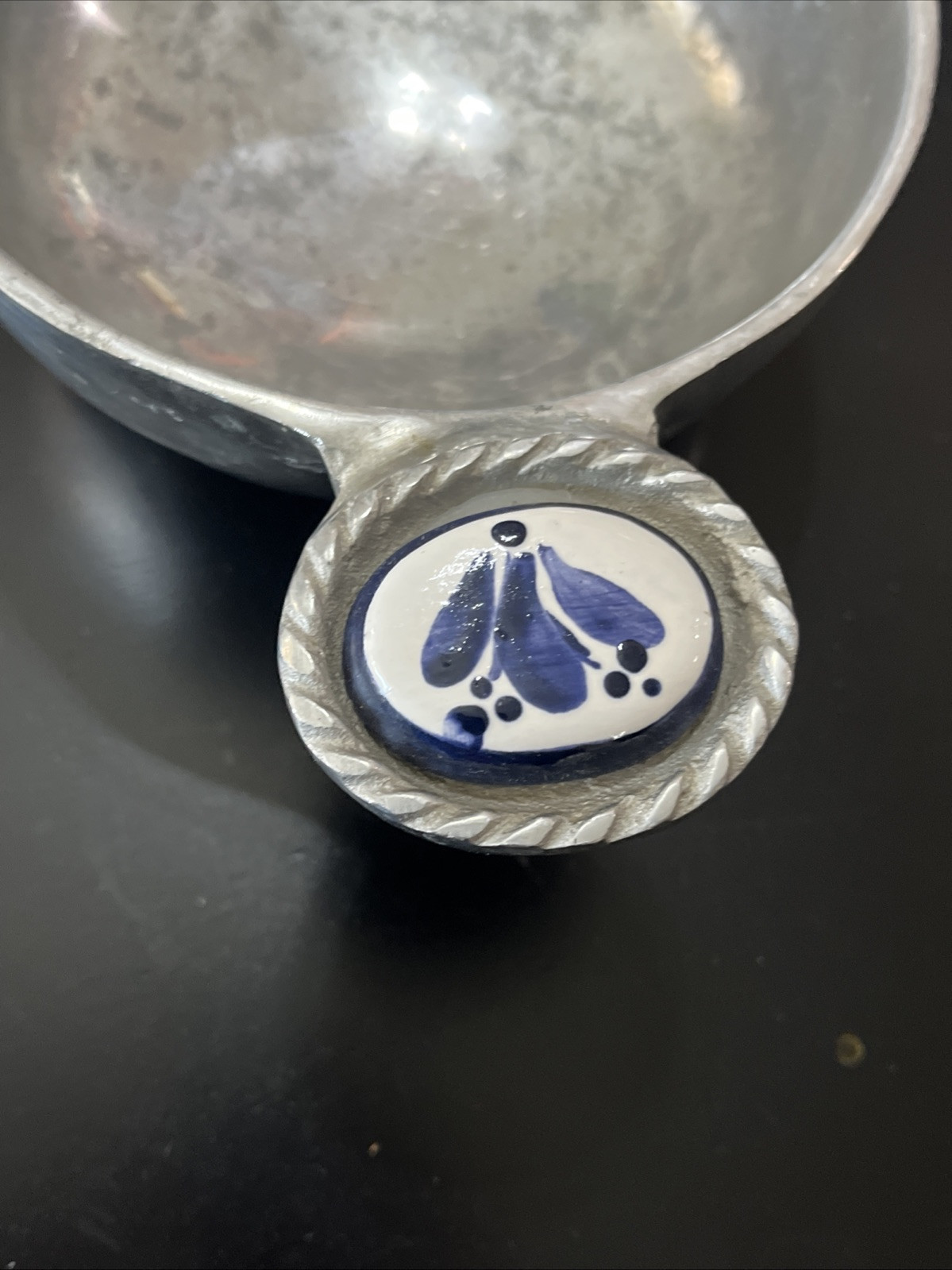 Handmade Rustic Alumminum Bowl With Blue And White Pottery Detailed Handles