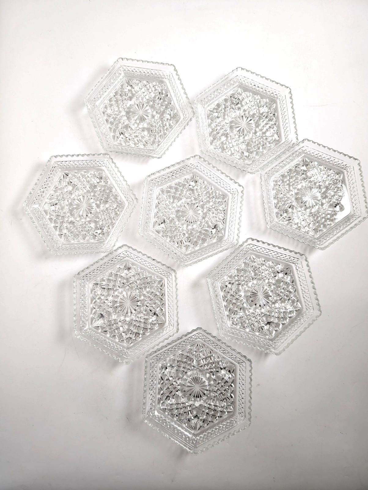 Vintage Set 8 Clear Pressed Glass Hexagon Plates Starburst 7.5”