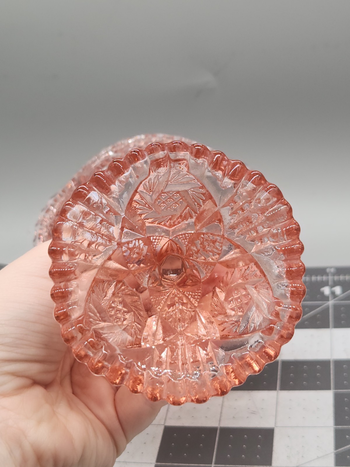 Aztec Heritage Carnival Glass Whirling Star Pedestal Compote Sawtooth Rim Pink